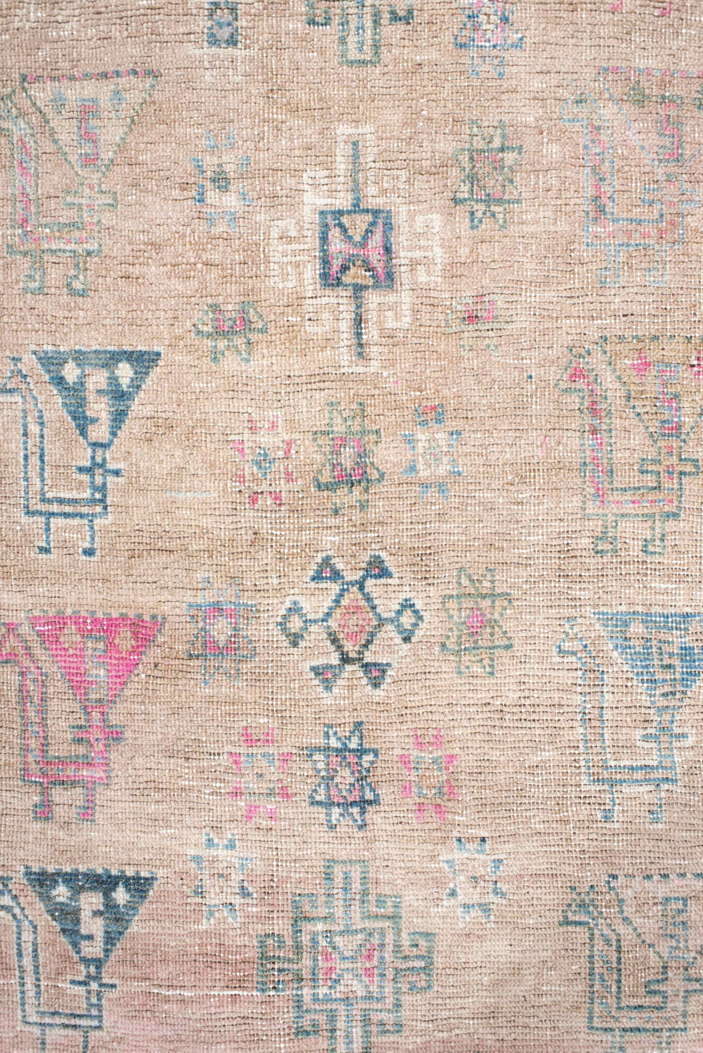 3' x 6' one-of-a-kind handmade vintage Gabbe small size rug. Color palette: blush, ivory, teal, rose, taupe, charcoal, pink