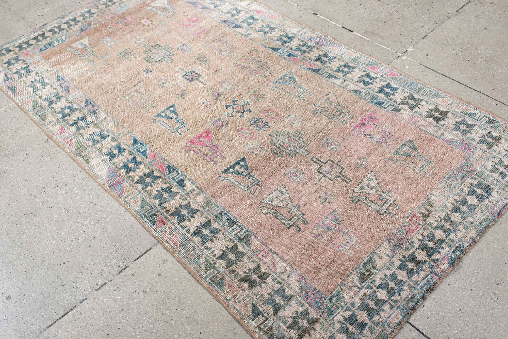 3' x 6' one-of-a-kind handmade vintage Gabbe small size rug. Color palette: blush, ivory, teal, rose, taupe, charcoal, pink