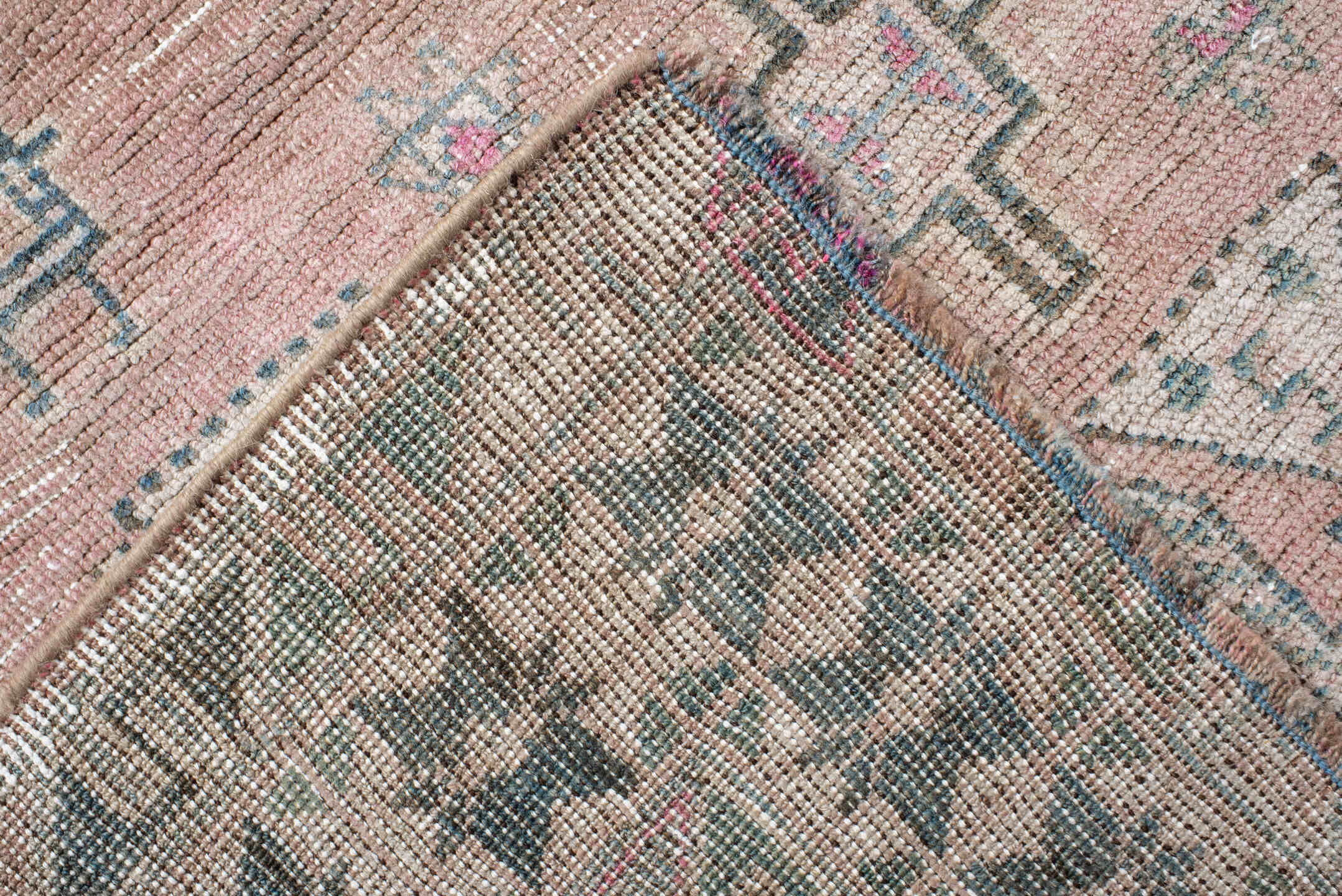 3' x 6' one-of-a-kind handmade vintage Gabbe small size rug. Color palette: blush, ivory, teal, rose, taupe, charcoal, pink