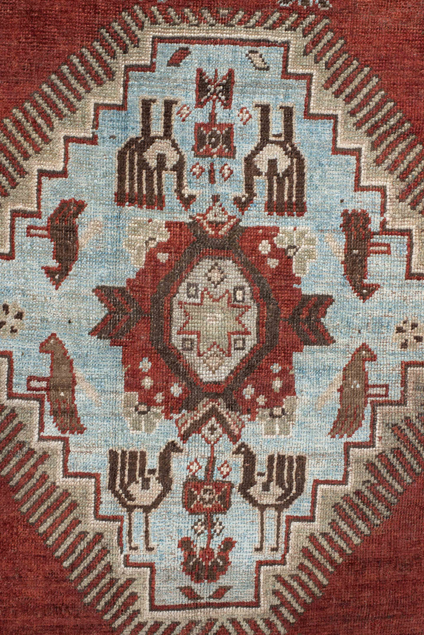 4' x 6' one-of-a-kind handmade vintage Kazak small size rug. Color palette: rust, ivory, sky blue, taupe, brown, charcoal