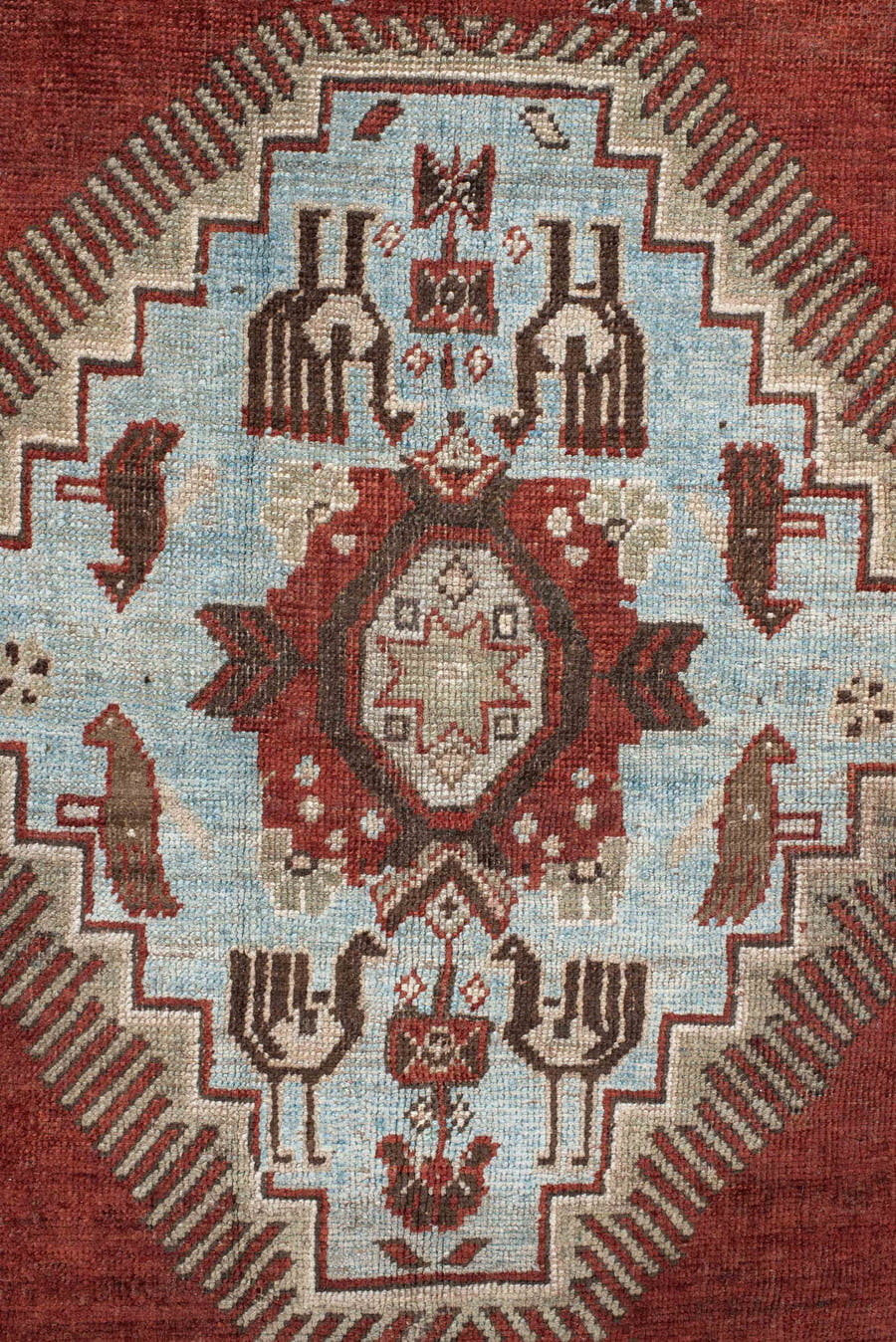 4' x 6' one-of-a-kind handmade vintage Kazak small size rug. Color palette: rust, ivory, sky blue, taupe, brown, charcoal
