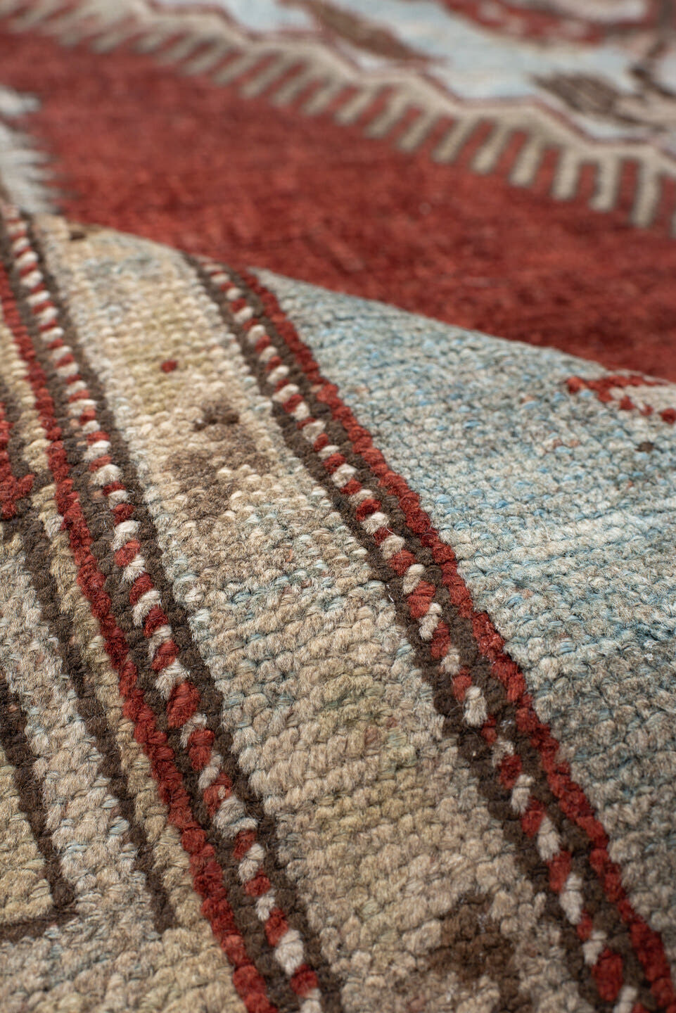 4' x 6' one-of-a-kind handmade vintage Kazak small size rug. Color palette: rust, ivory, sky blue, taupe, brown, charcoal