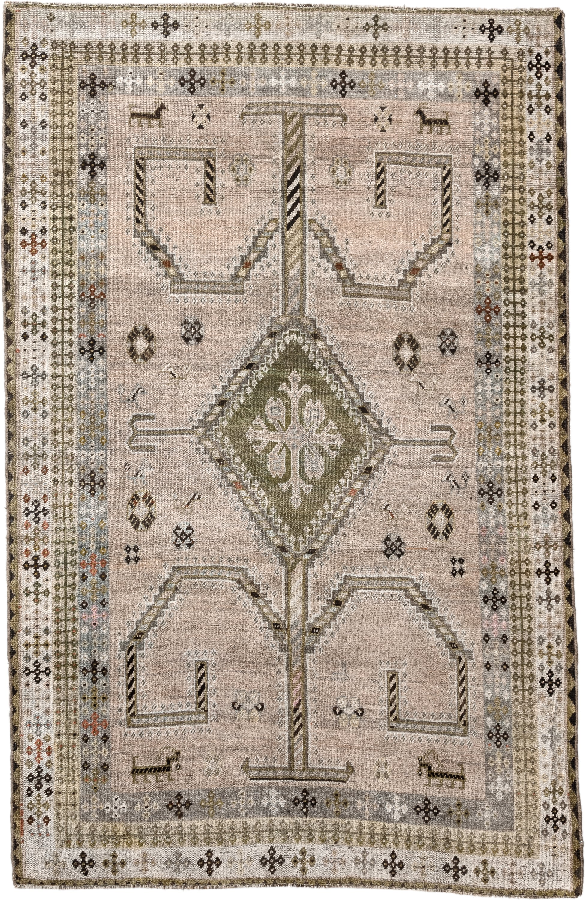 4' x 6' one-of-a-kind handmade vintage Gabbe small size rug. Color palette: taupe, ivory, sage, charcoal, gray, camel, rust