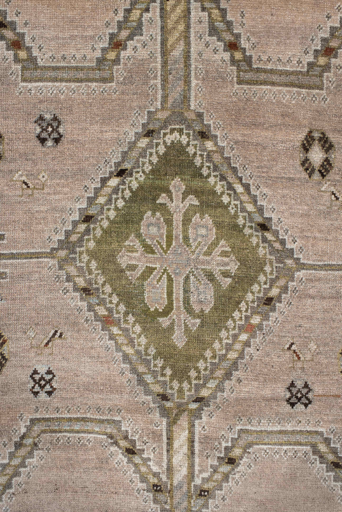 4' x 6' one-of-a-kind handmade vintage Gabbe small size rug. Color palette: taupe, ivory, sage, charcoal, gray, camel, rust