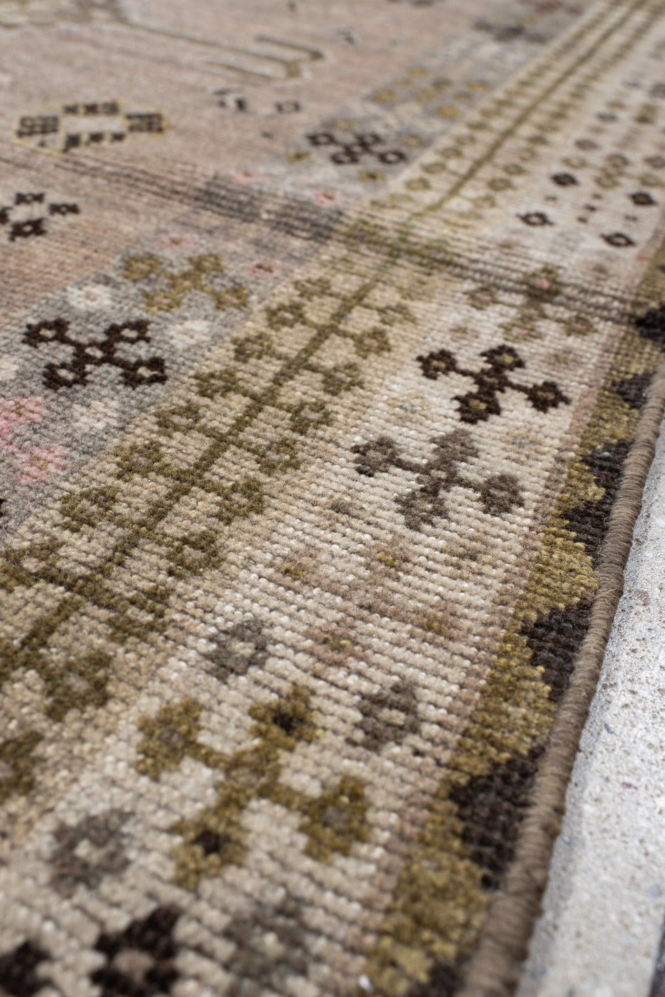4' x 6' one-of-a-kind handmade vintage Gabbe small size rug. Color palette: taupe, ivory, sage, charcoal, gray, camel, rust