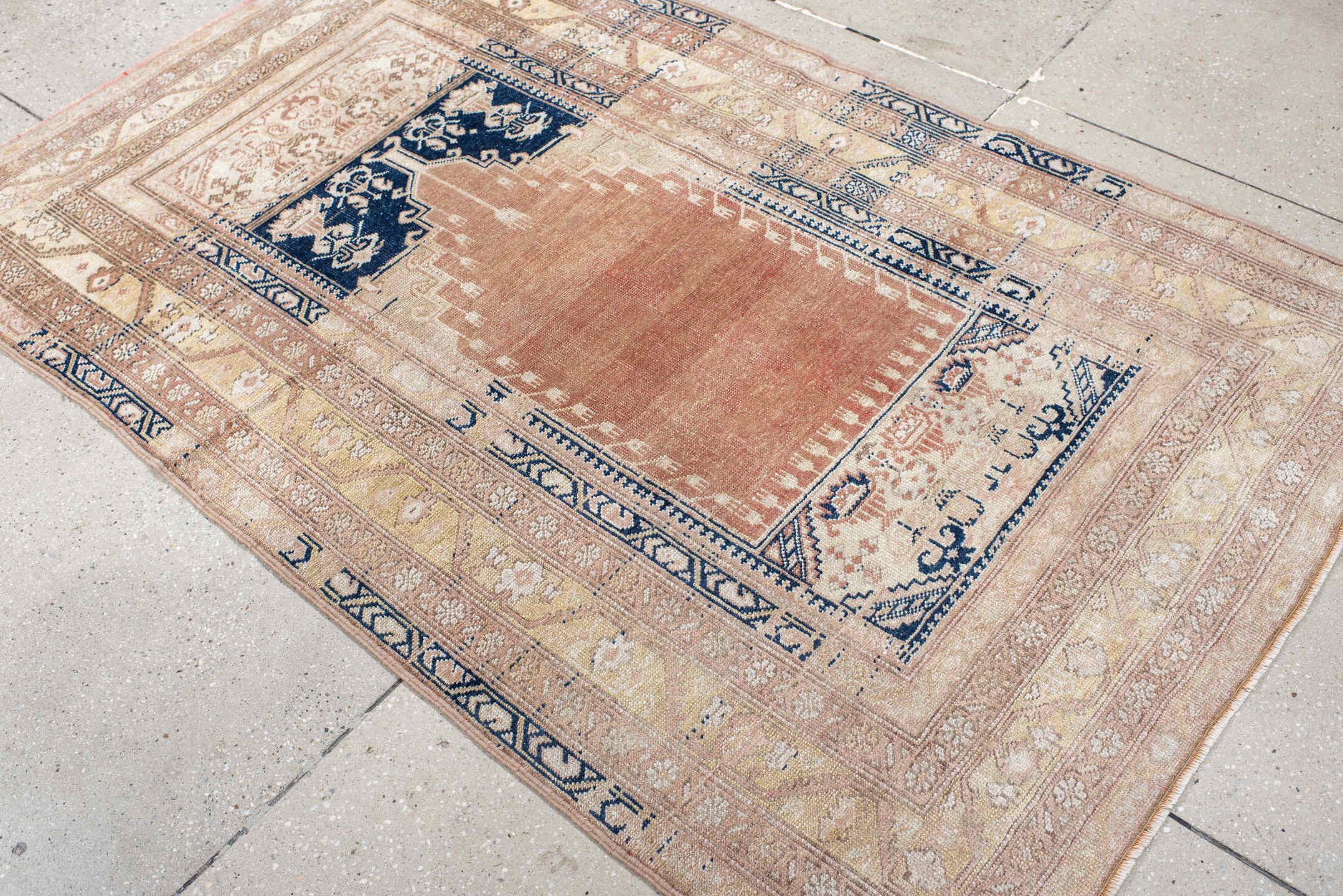 3' x 6' one-of-a-kind handmade vintage Anatolian small size rug. Color palette: blush, ivory, navy, beige, taupe, camel