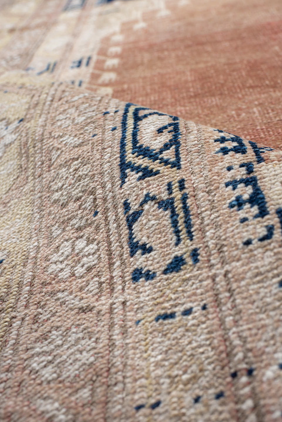 3' x 6' one-of-a-kind handmade vintage Anatolian small size rug. Color palette: blush, ivory, navy, beige, taupe, camel