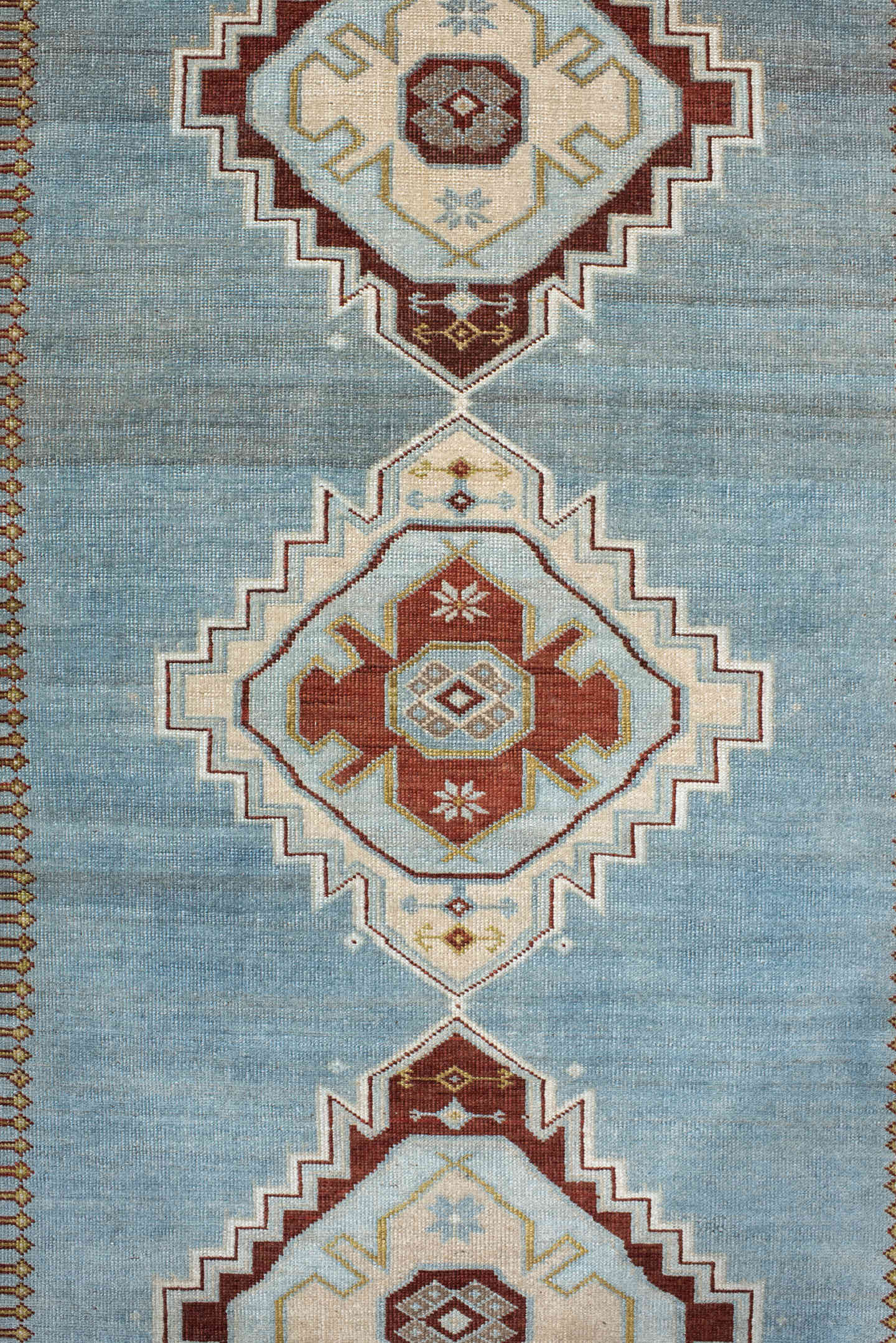 3' x 6' one-of-a-kind handmade antique Kuba small size rug. Color palette: light blue, ivory, rust, brown, gold, terracotta