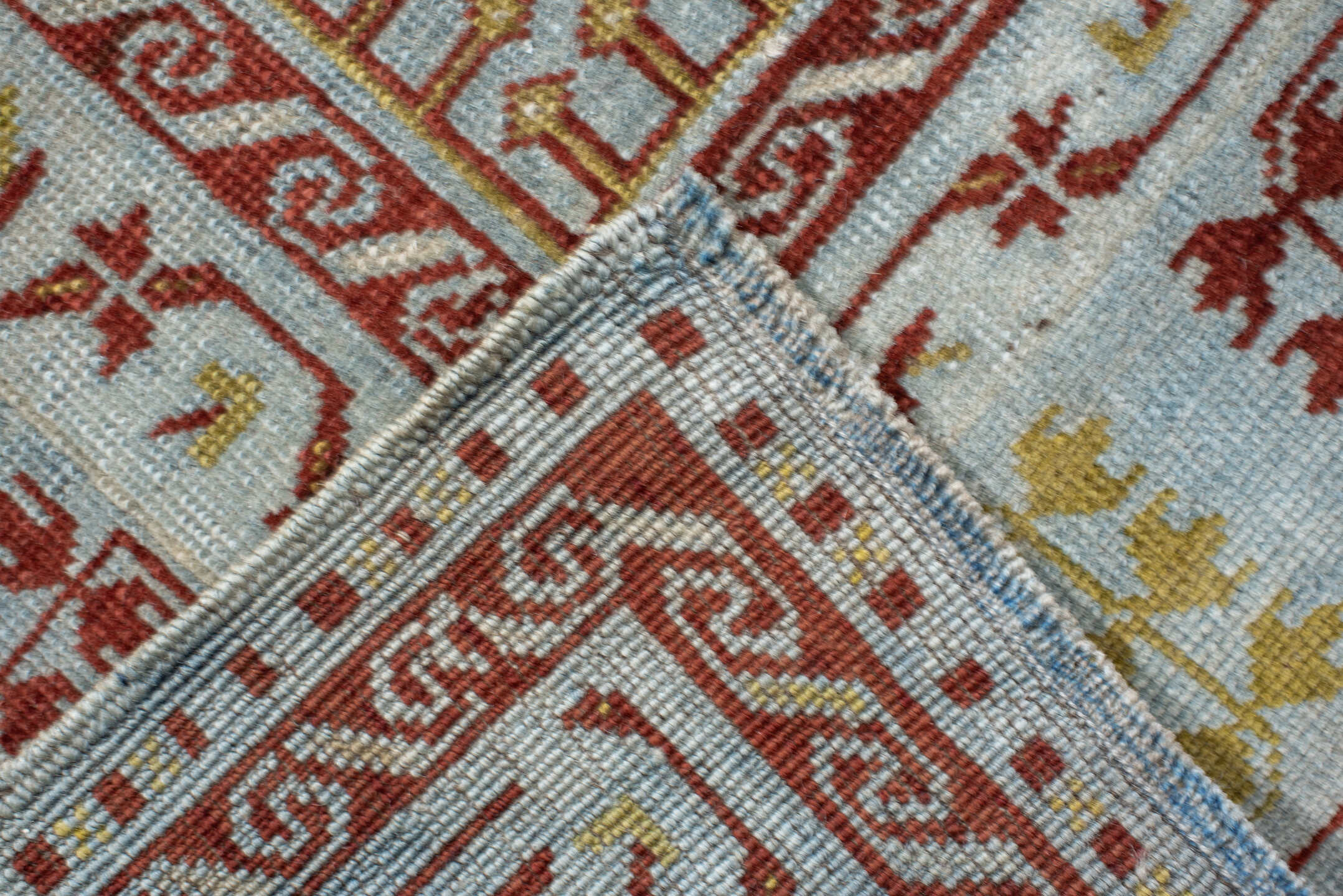 3' x 6' one-of-a-kind handmade antique Kuba small size rug. Color palette: light blue, ivory, rust, brown, gold, terracotta