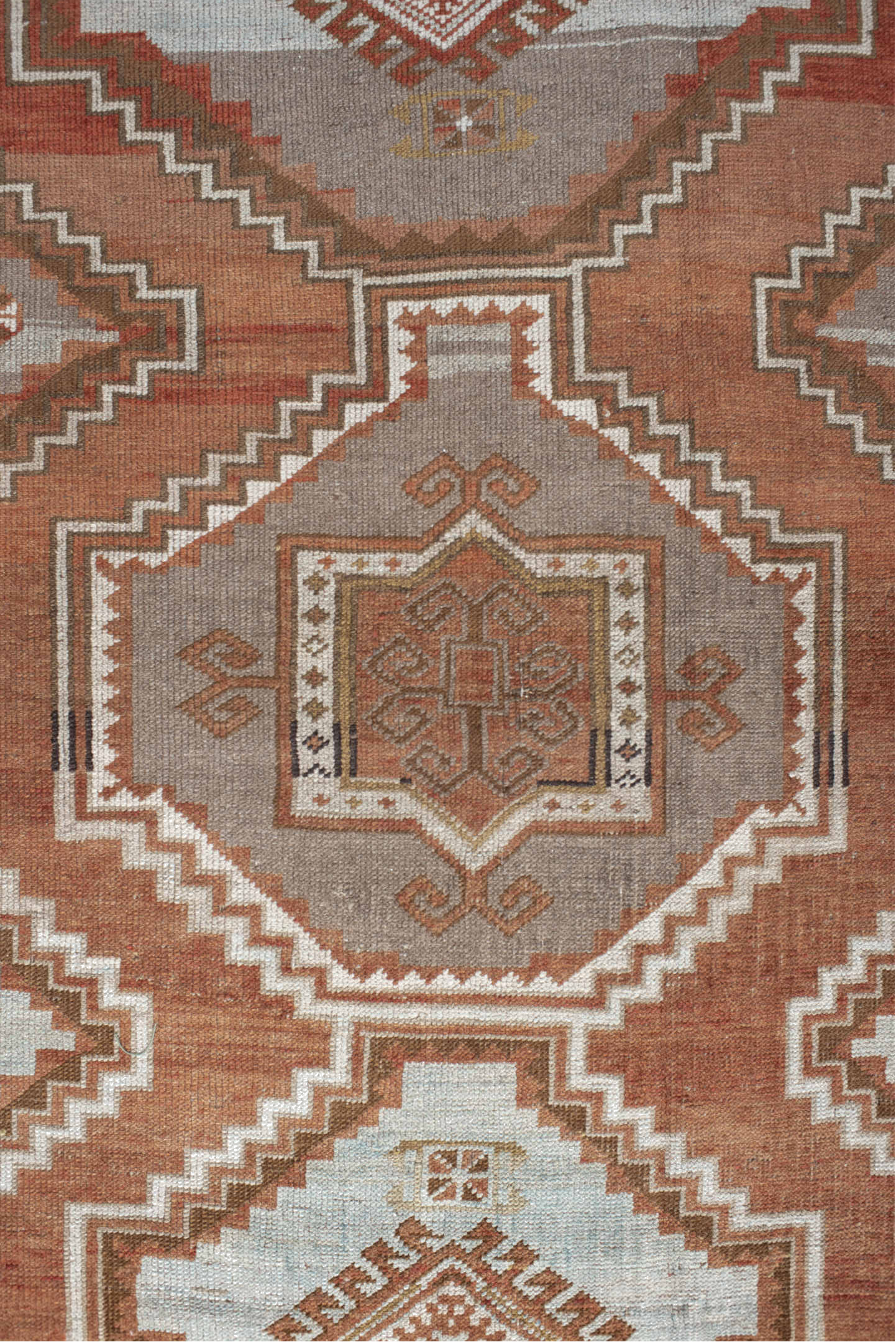 4' x 5' one-of-a-kind handmade vintage Caucasian small size rug. Color palette: brown, floral white, gray, light gray, linen