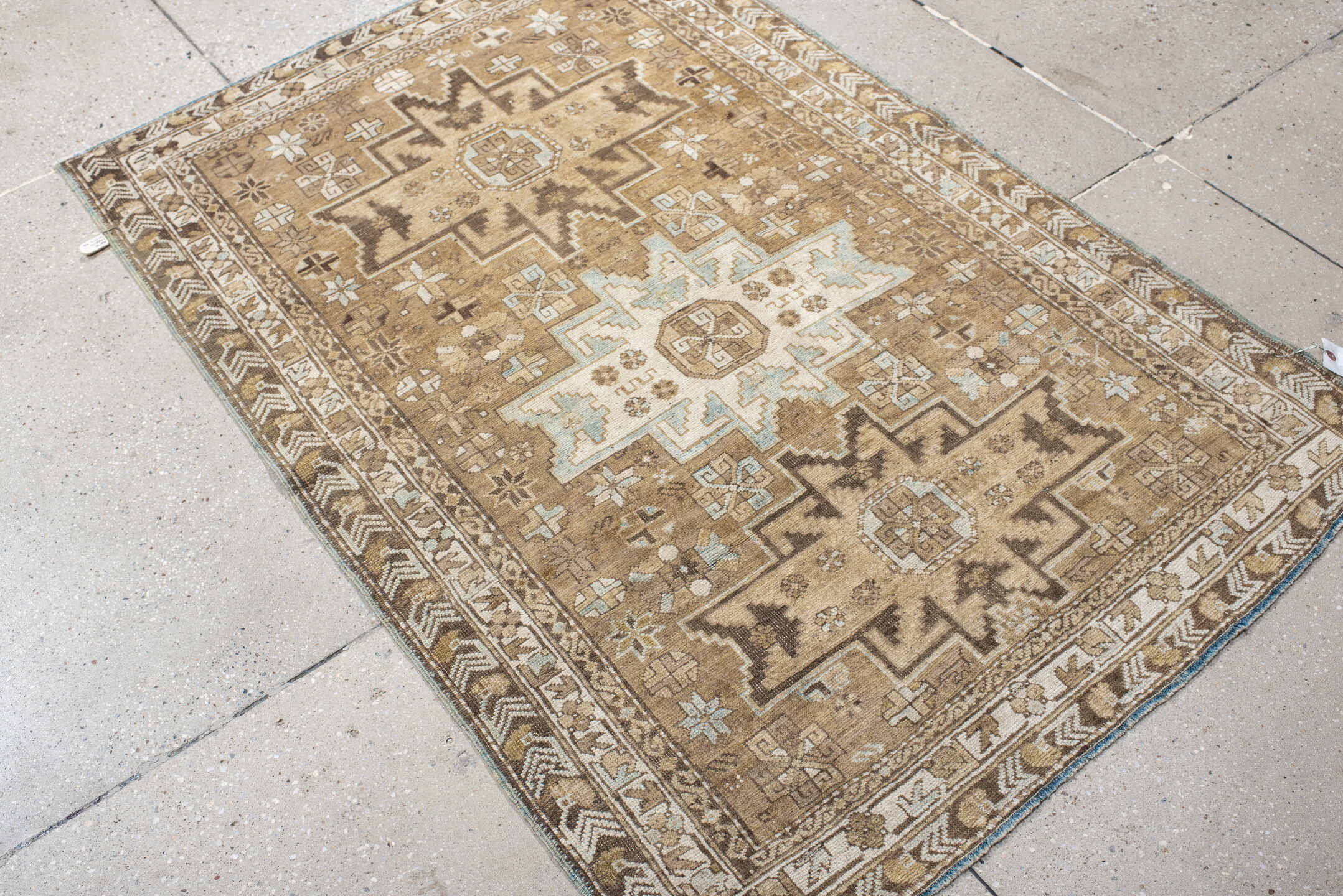 3' x 5' one-of-a-kind handmade antique Shirvan small size rug. Color palette: camel, ivory, brown, taupe, pale_blue, beige
