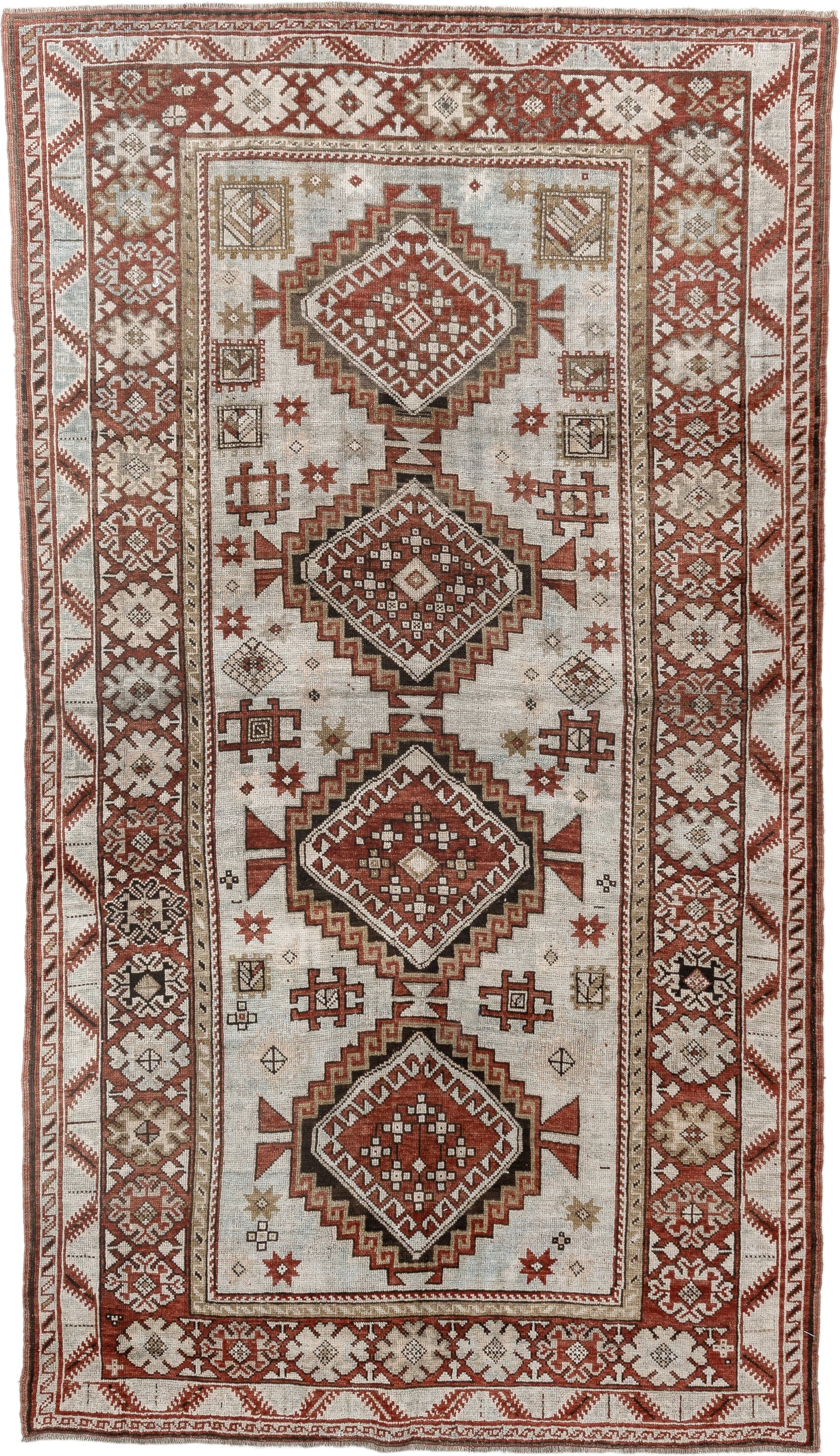 4' x 8' one-of-a-kind handmade vintage Caucasian medium size rug. Color palette: ivory, rust, taupe, brown, charcoal, beige