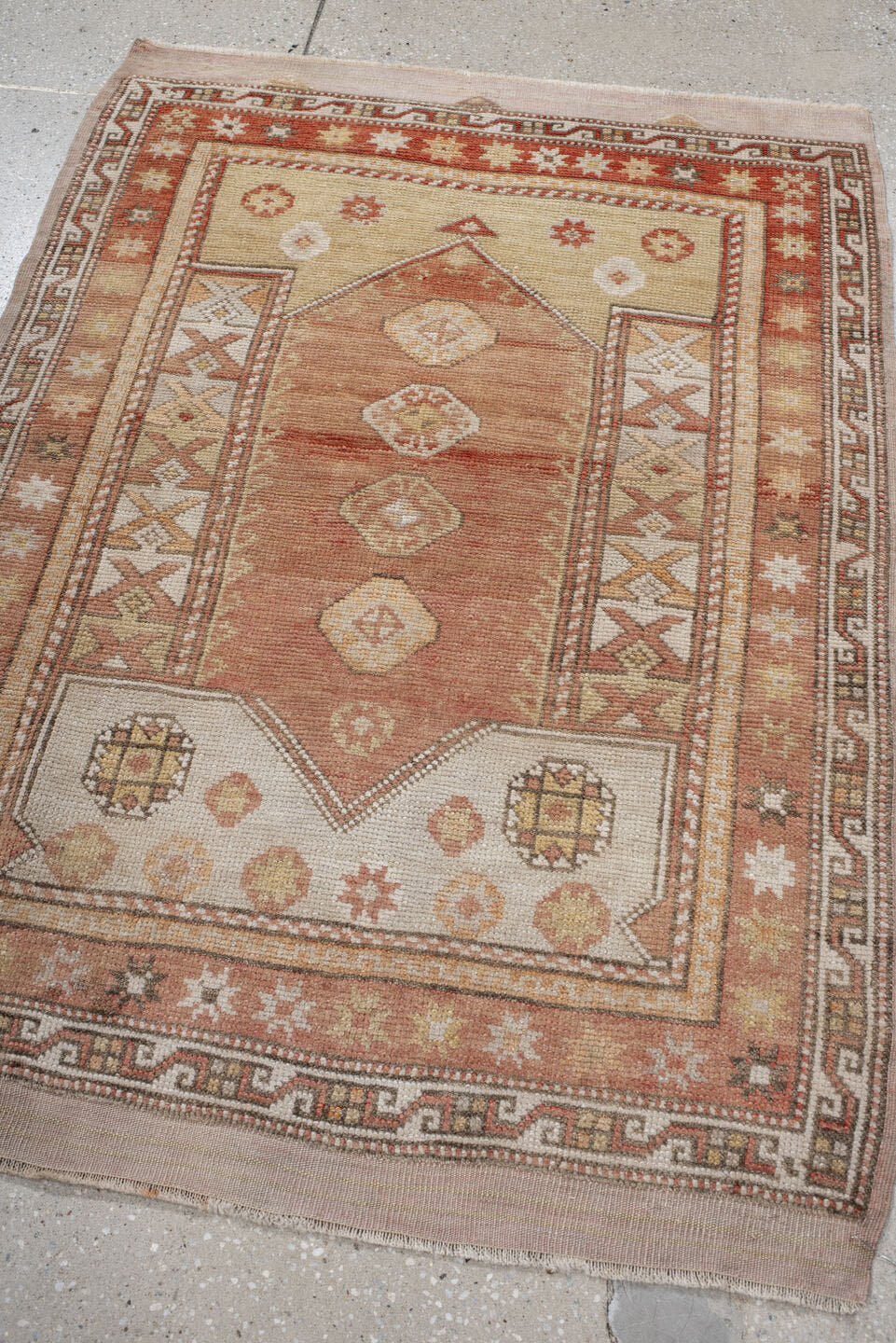 2' x 4' one-of-a-kind handmade vintage Anatolian small size rug. Color palette: ivory, terra cotta, taupe, camel, sage, rust