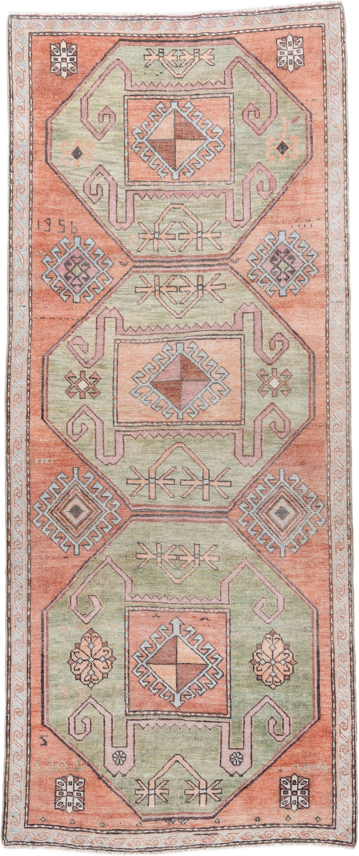 3' x 7' one-of-a-kind handmade antique Trans Caucasian runner rug. Color palette: salmon, sage, ivory, brown, taupe