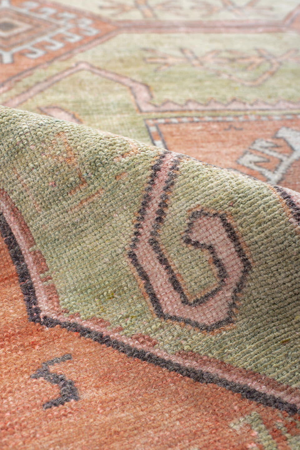 3' x 7' one-of-a-kind handmade antique Trans Caucasian runner rug. Color palette: salmon, sage, ivory, brown, taupe