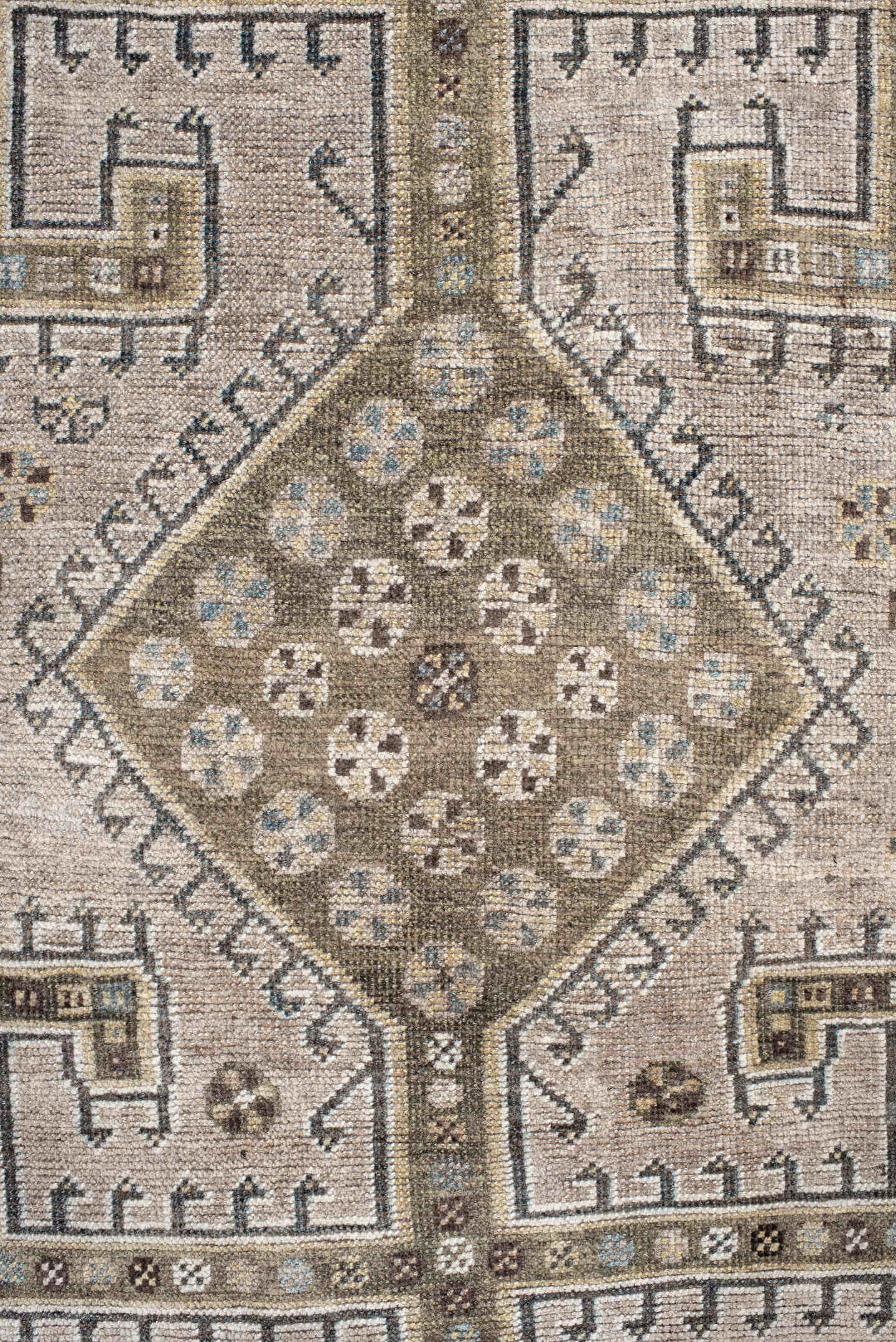 4' x 6' one-of-a-kind handmade antique Gabbe small size rug. Color palette: ivory, brown, taupe, slate, camel, pale_blue