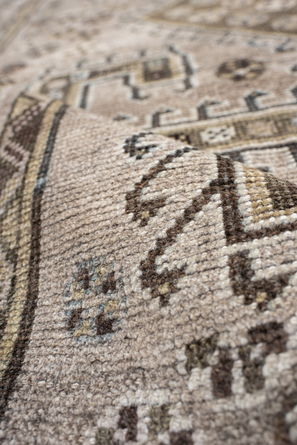 4' x 6' one-of-a-kind handmade antique Gabbe small size rug. Color palette: ivory, brown, taupe, slate, camel, pale_blue