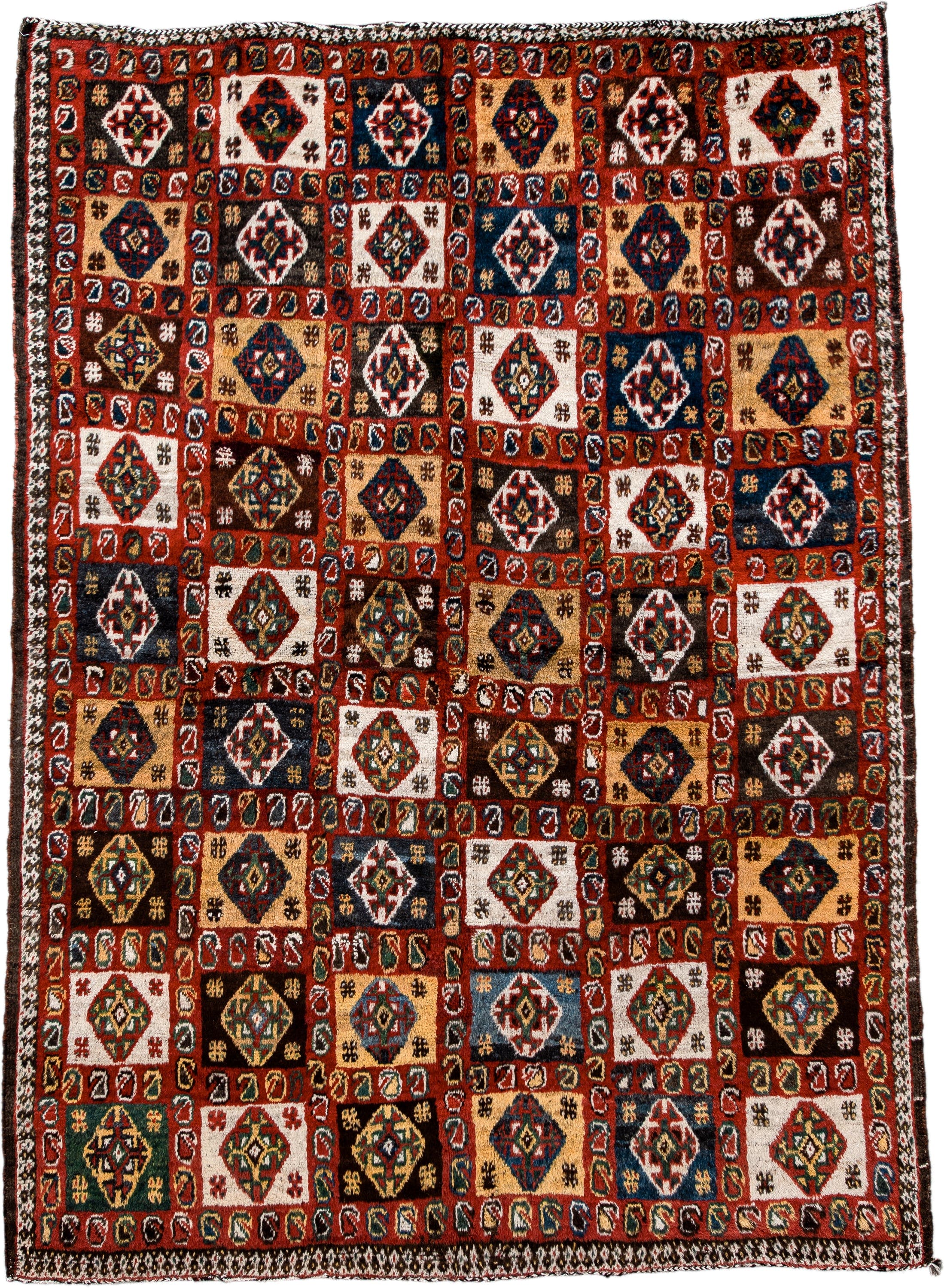 5' x 7' one-of-a-kind handmade vintage Gabbe rug. Color palette: rust, ivory, navy, camel, brown, teal, gold, charcoal