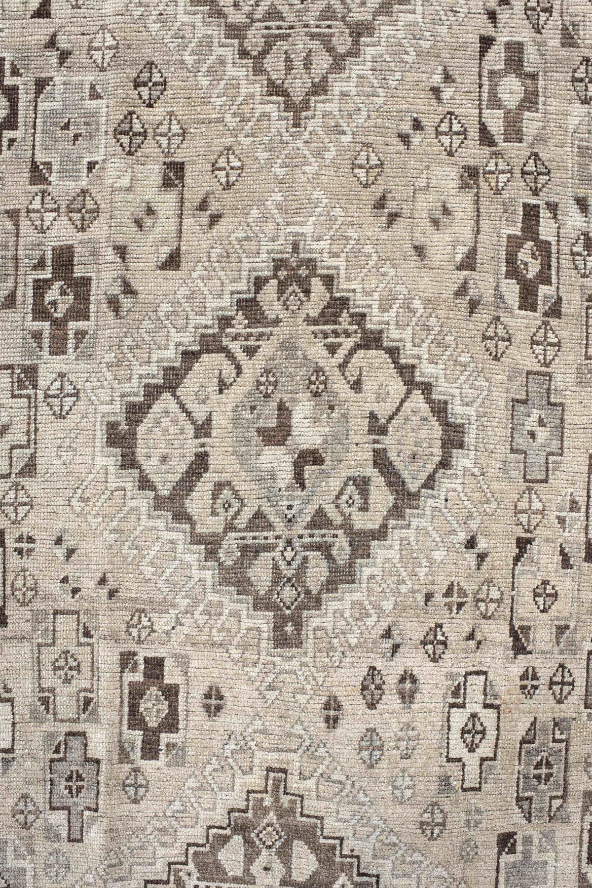 3' x 6' one-of-a-kind handmade antique Gabbe small size rug. Color palette: ivory, taupe, dark brown, charcoal, camel, cream