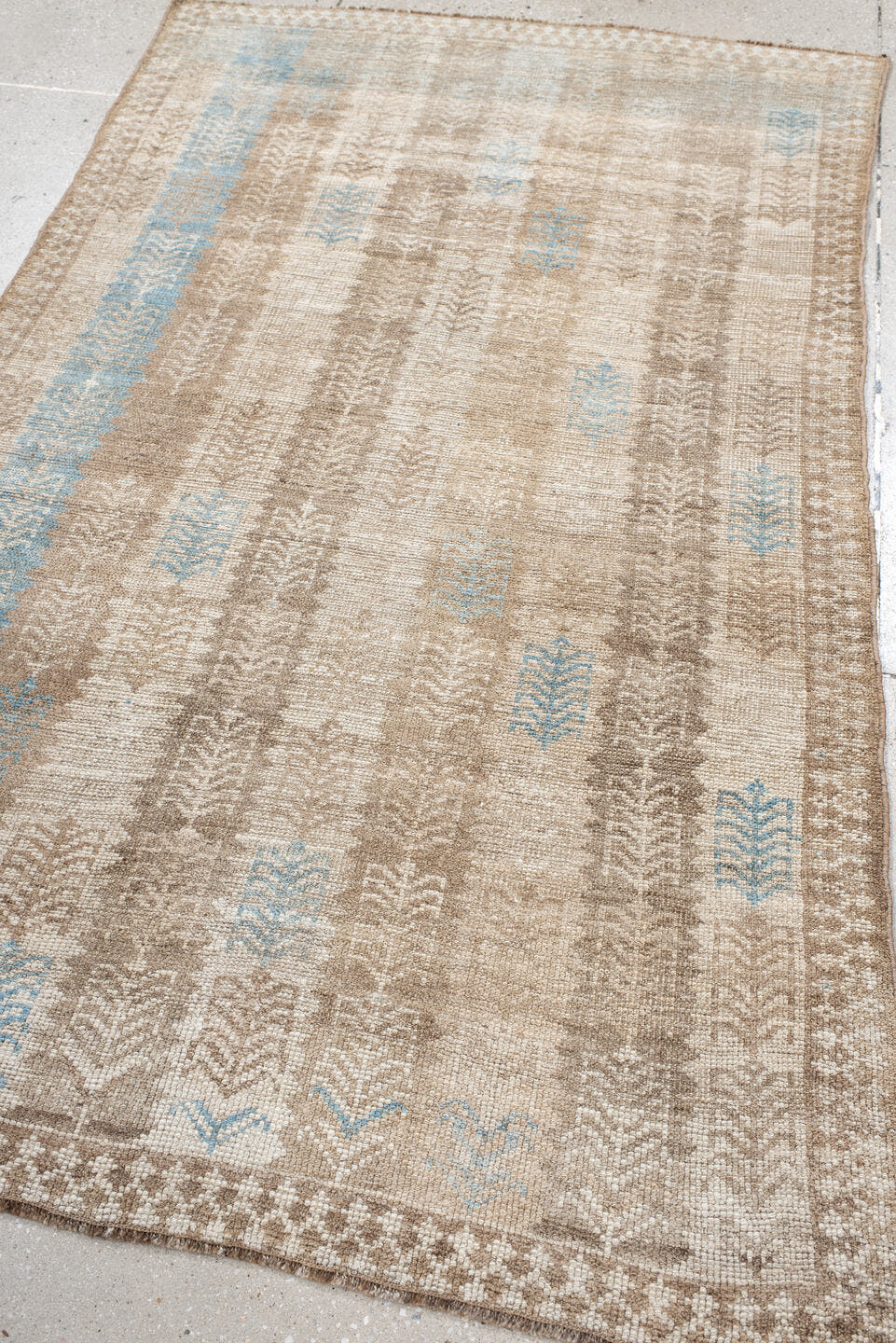 3' x 6' one-of-a-kind handmade antique Gabbe rug. Color palette: ivory, taupe, beige, sky_blue, camel, gray, light blue