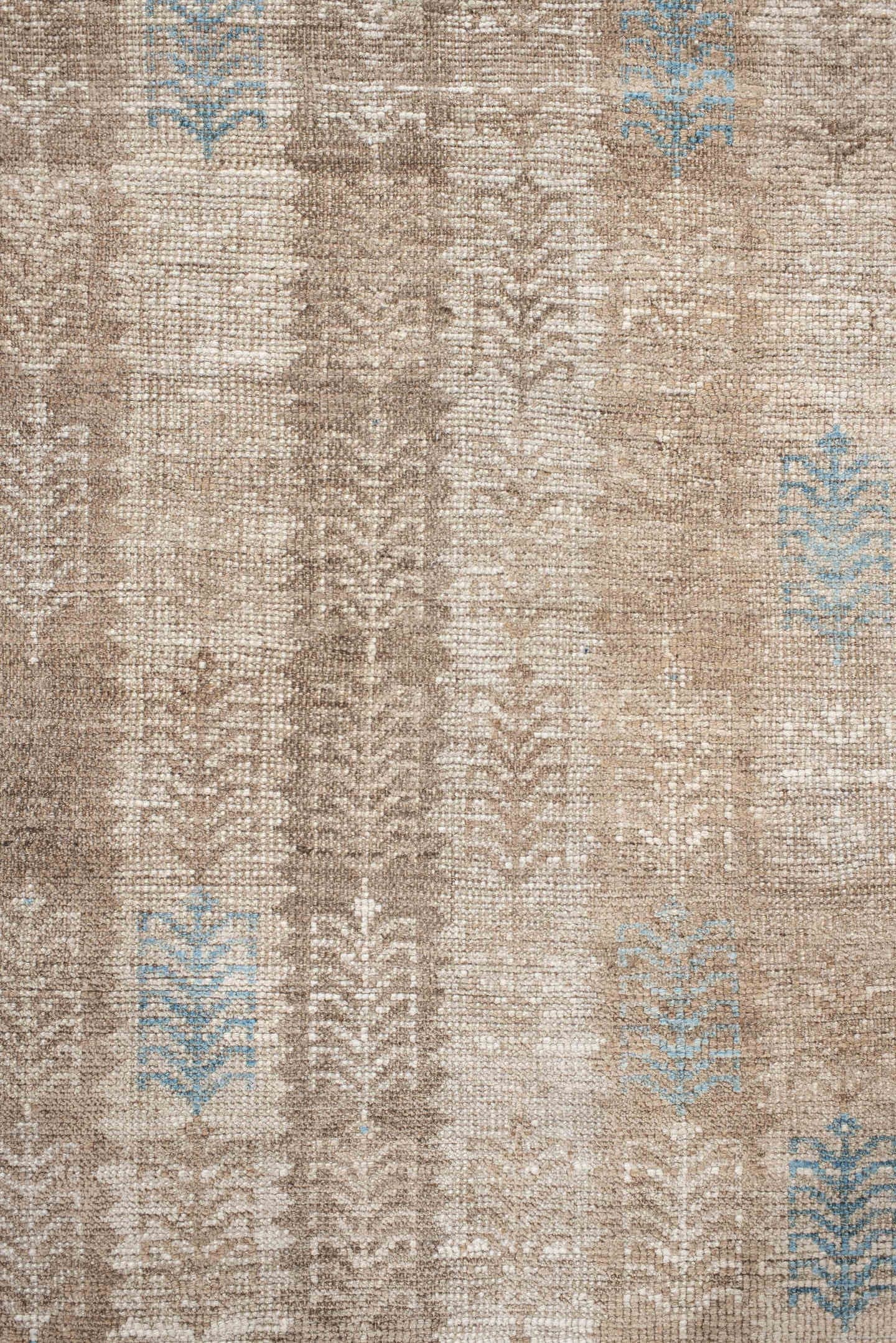 3' x 6' one-of-a-kind handmade antique Gabbe rug. Color palette: ivory, taupe, beige, sky_blue, camel, gray, light blue