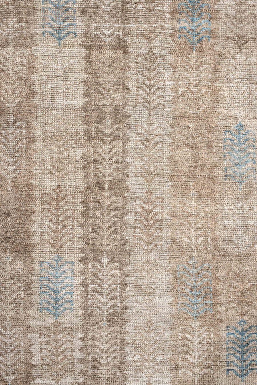 3' x 6' one-of-a-kind handmade antique Gabbe rug. Color palette: ivory, taupe, beige, sky_blue, camel, gray, light blue