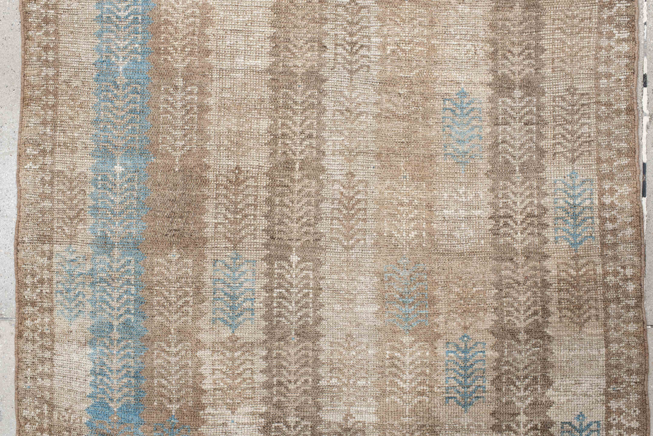 3' x 6' one-of-a-kind handmade antique Gabbe rug. Color palette: ivory, taupe, beige, sky_blue, camel, gray, light blue