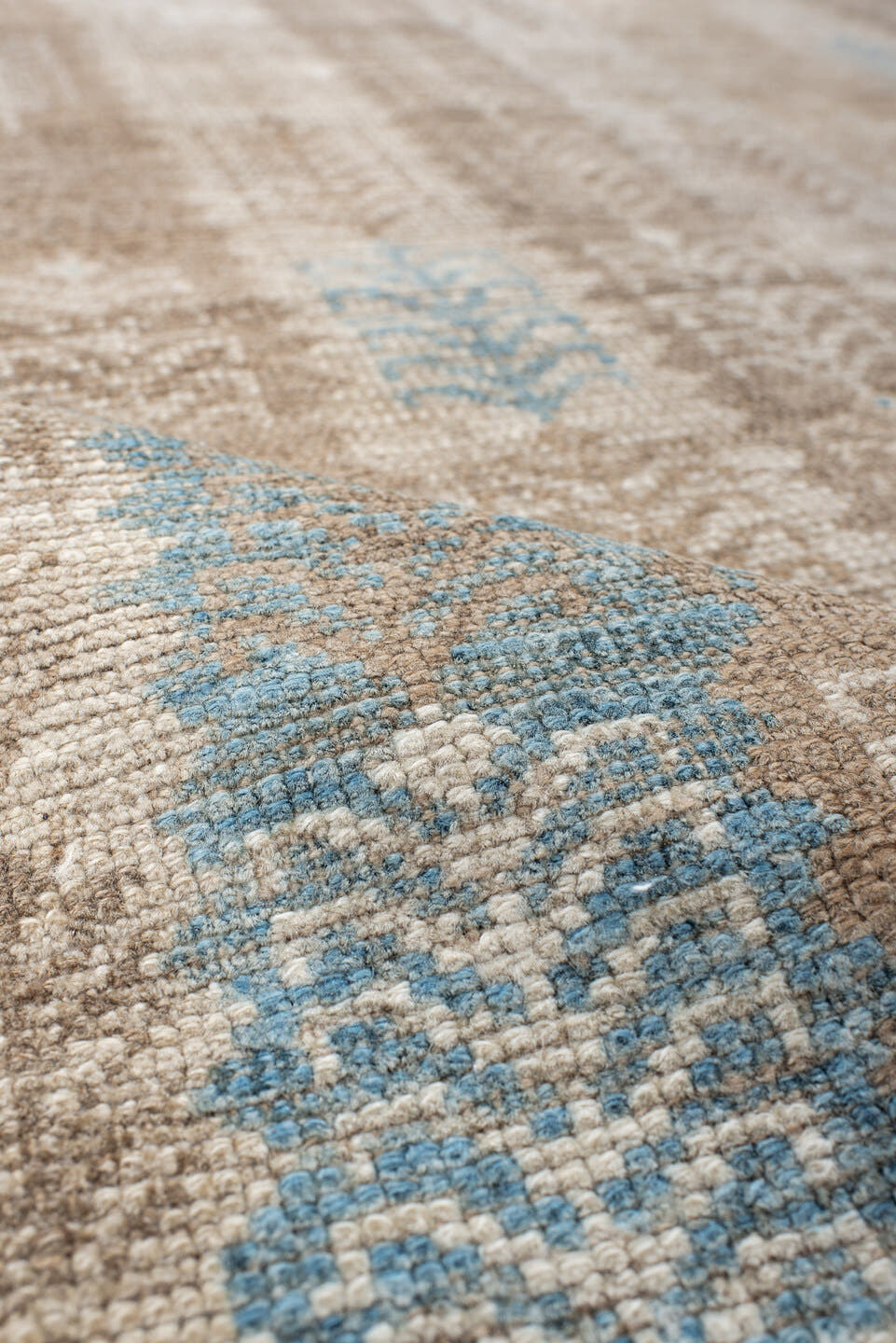 3' x 6' one-of-a-kind handmade antique Gabbe rug. Color palette: ivory, taupe, beige, sky_blue, camel, gray, light blue
