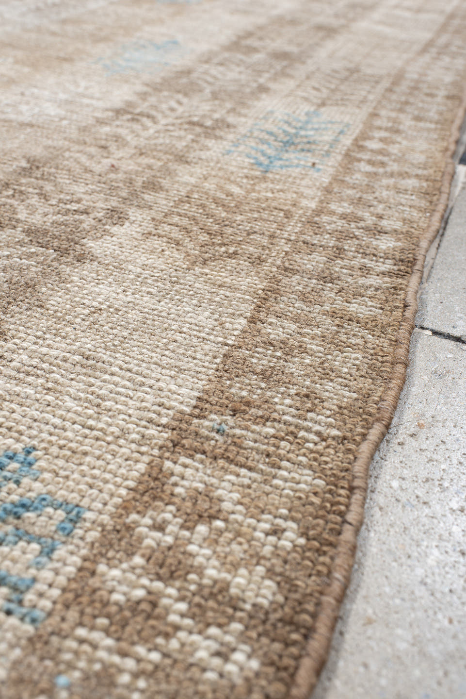 3' x 6' one-of-a-kind handmade antique Gabbe rug. Color palette: ivory, taupe, beige, sky_blue, camel, gray, light blue
