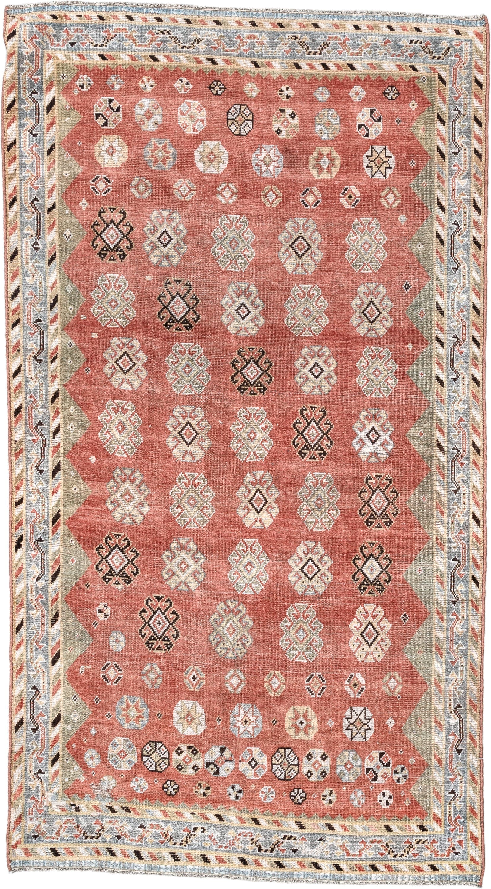 3' x 7' one-of-a-kind handmade vintage Gabbe rug. Color palette: terra cotta, ivory, sage, pale blue, charcoal, taupe, rust