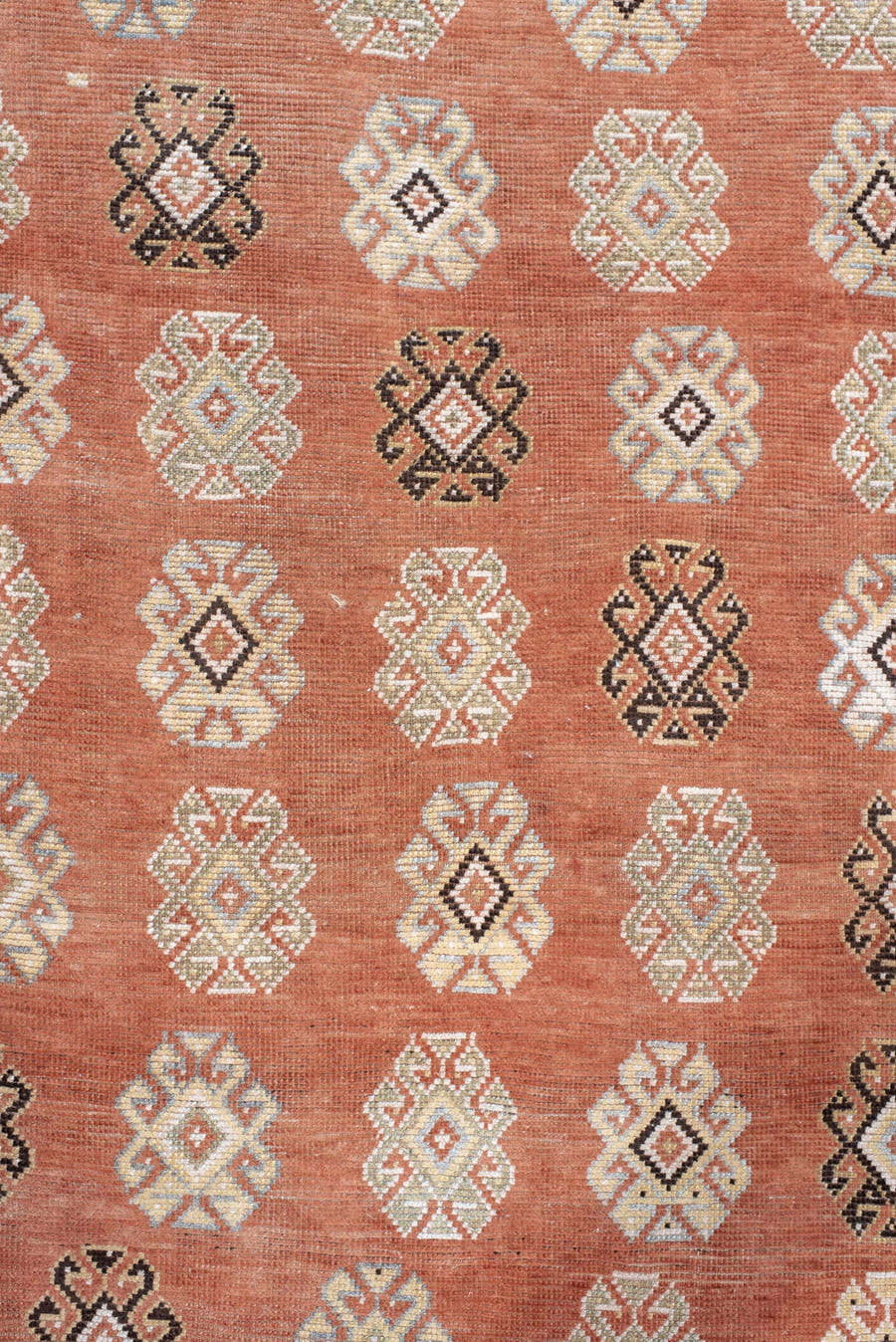 3' x 7' one-of-a-kind handmade vintage Gabbe rug. Color palette: terra cotta, ivory, sage, pale blue, charcoal, taupe, rust