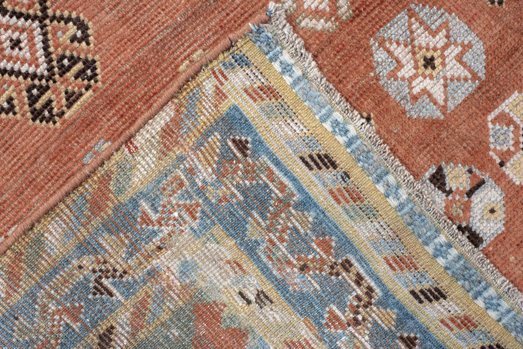 3' x 7' one-of-a-kind handmade vintage Gabbe rug. Color palette: terra cotta, ivory, sage, pale blue, charcoal, taupe, rust