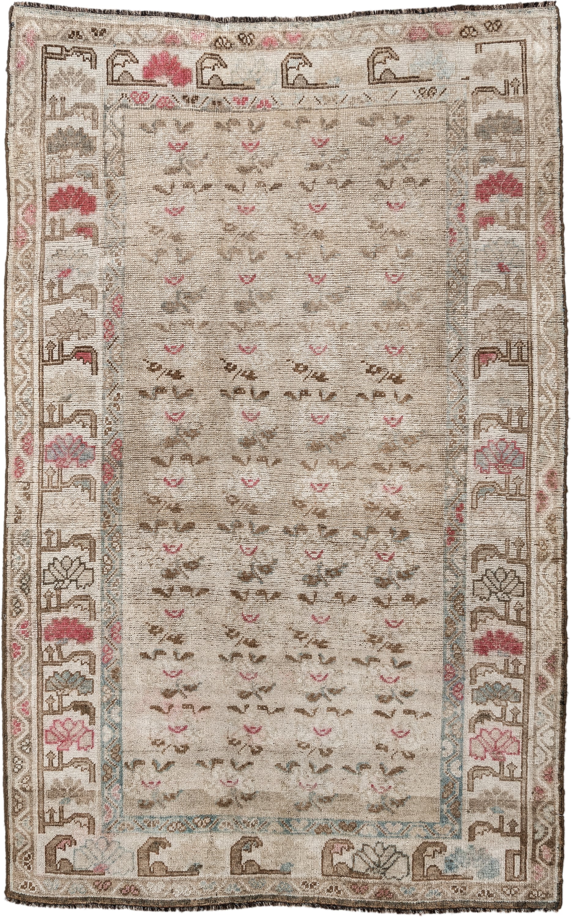 4' x 6' one-of-a-kind handmade vintage Gabbe small size rug. Color palette: ivory, taupe, brown, rose, sky_blue, cream