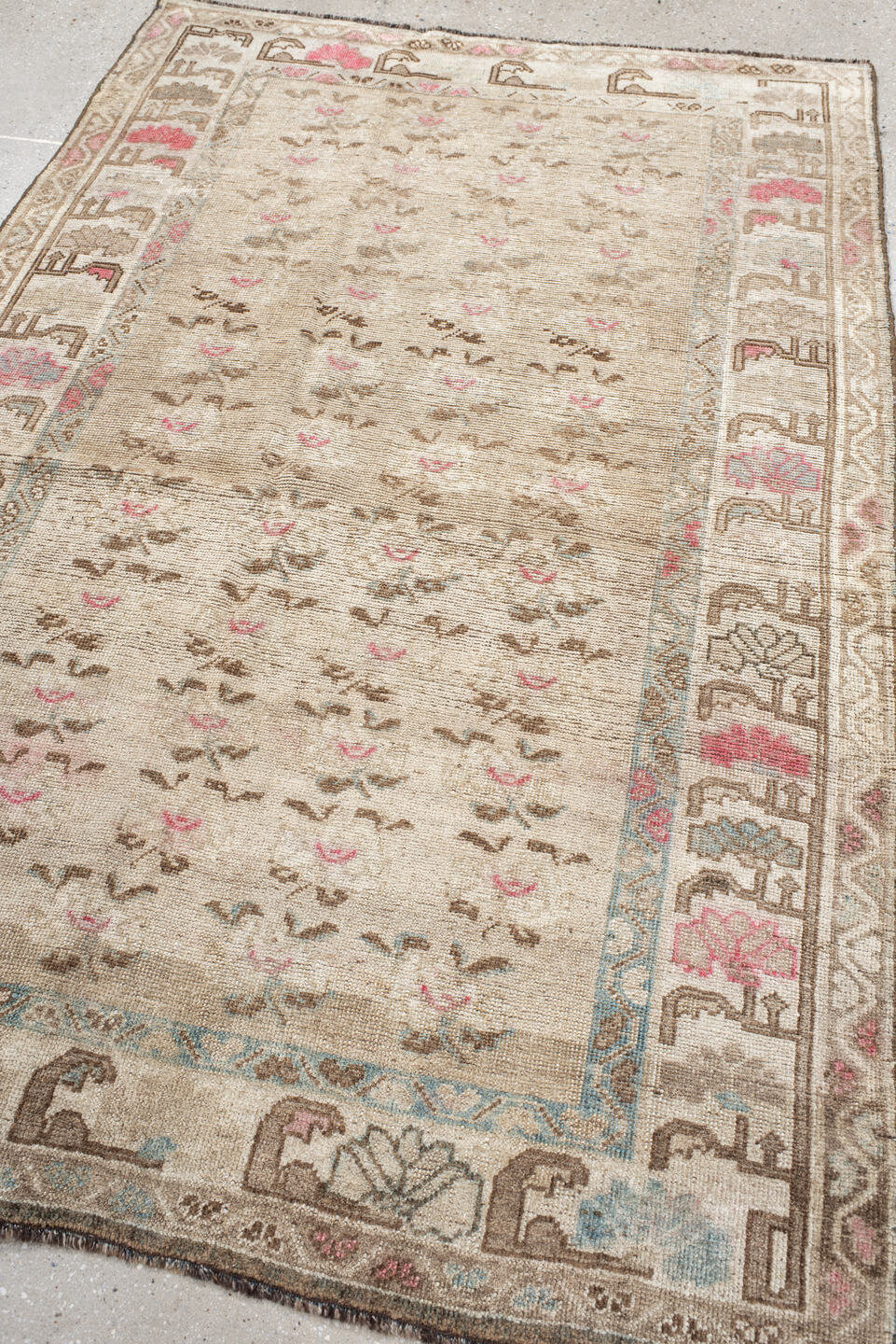 4' x 6' one-of-a-kind handmade vintage Gabbe small size rug. Color palette: ivory, taupe, brown, rose, sky_blue, cream