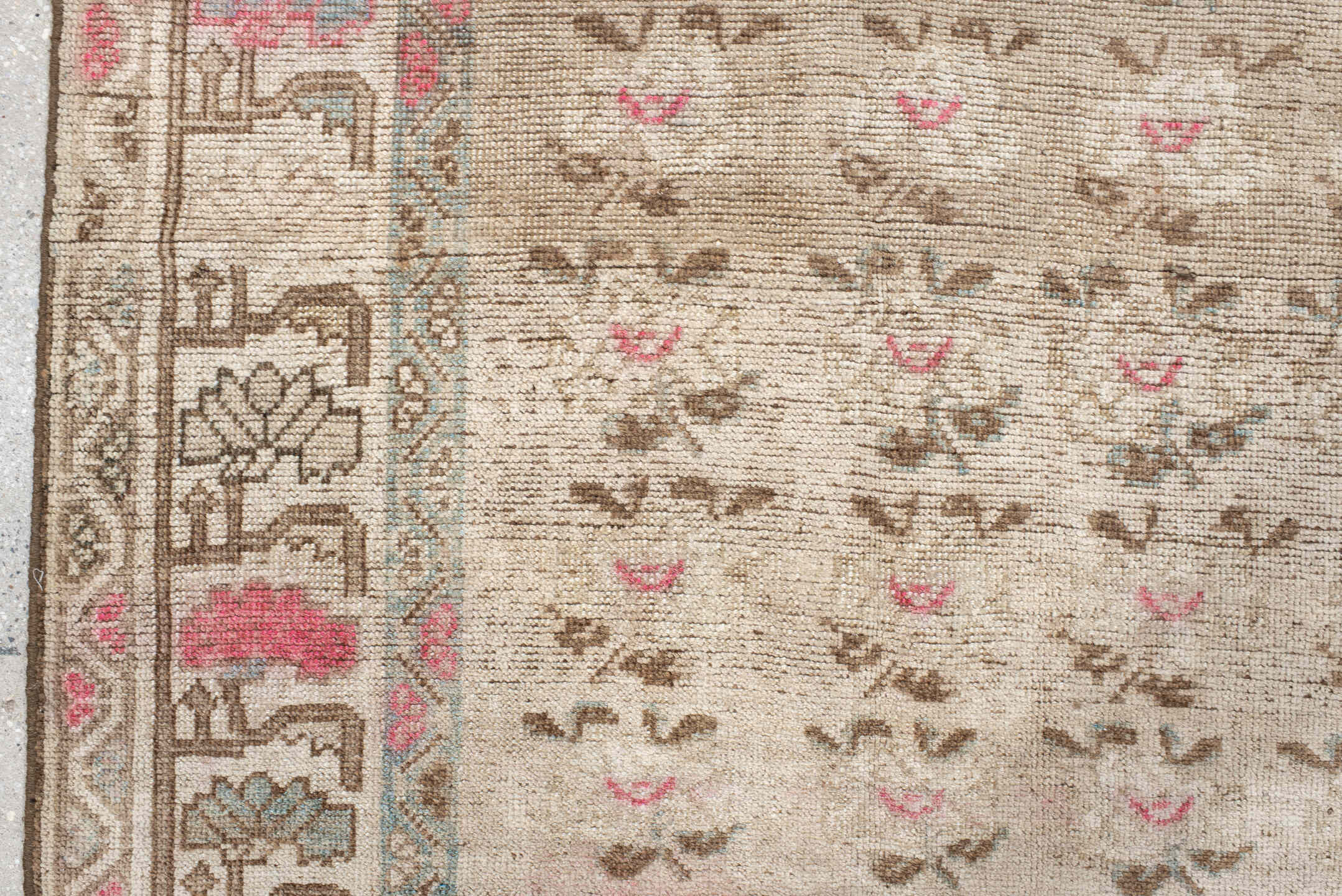 4' x 6' one-of-a-kind handmade vintage Gabbe small size rug. Color palette: ivory, taupe, brown, rose, sky_blue, cream