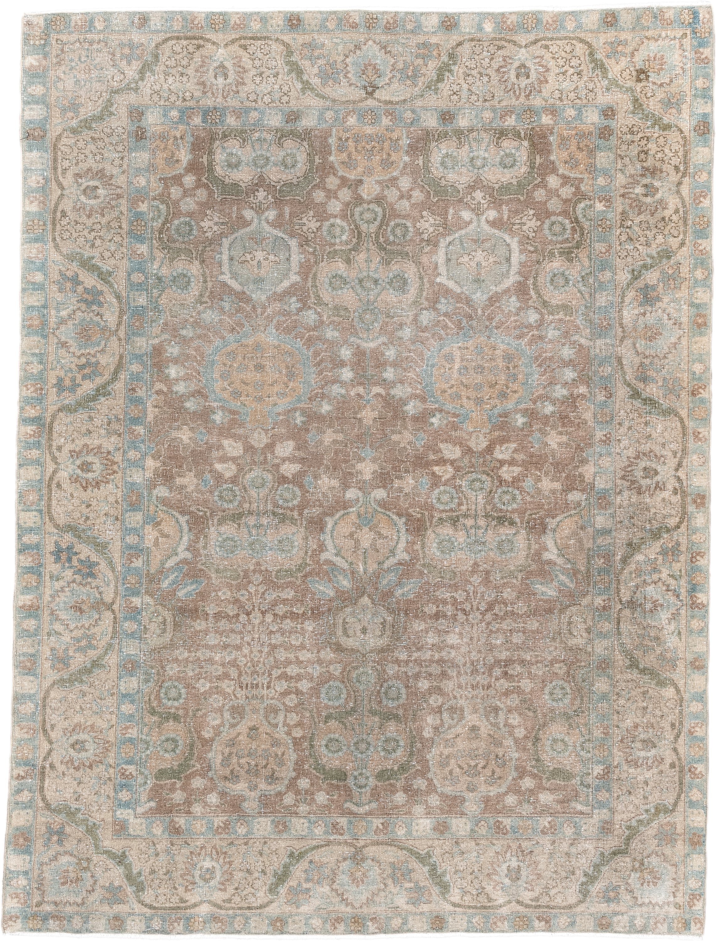 4' x 6' one-of-a-kind handmade antique Tabriz small size rug. Color palette: taupe, ivory, pale blue, sage, beige, camel