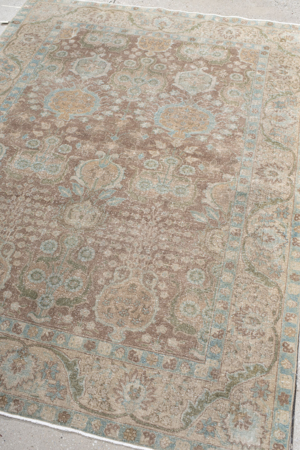 4' x 6' one-of-a-kind handmade antique Tabriz small size rug. Color palette: taupe, ivory, pale blue, sage, beige, camel