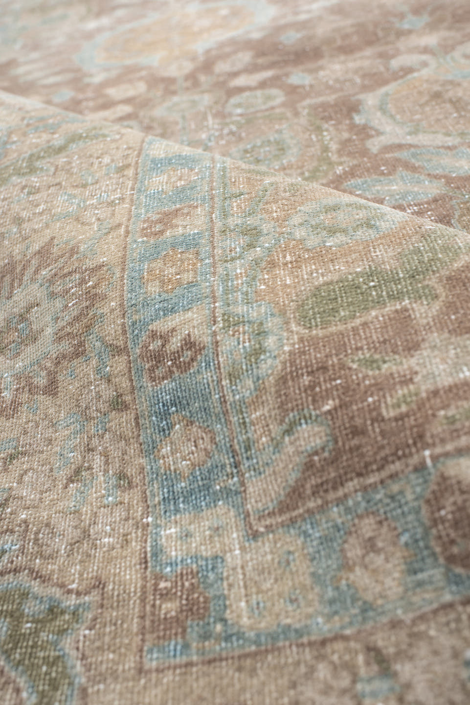 4' x 6' one-of-a-kind handmade antique Tabriz small size rug. Color palette: taupe, ivory, pale blue, sage, beige, camel