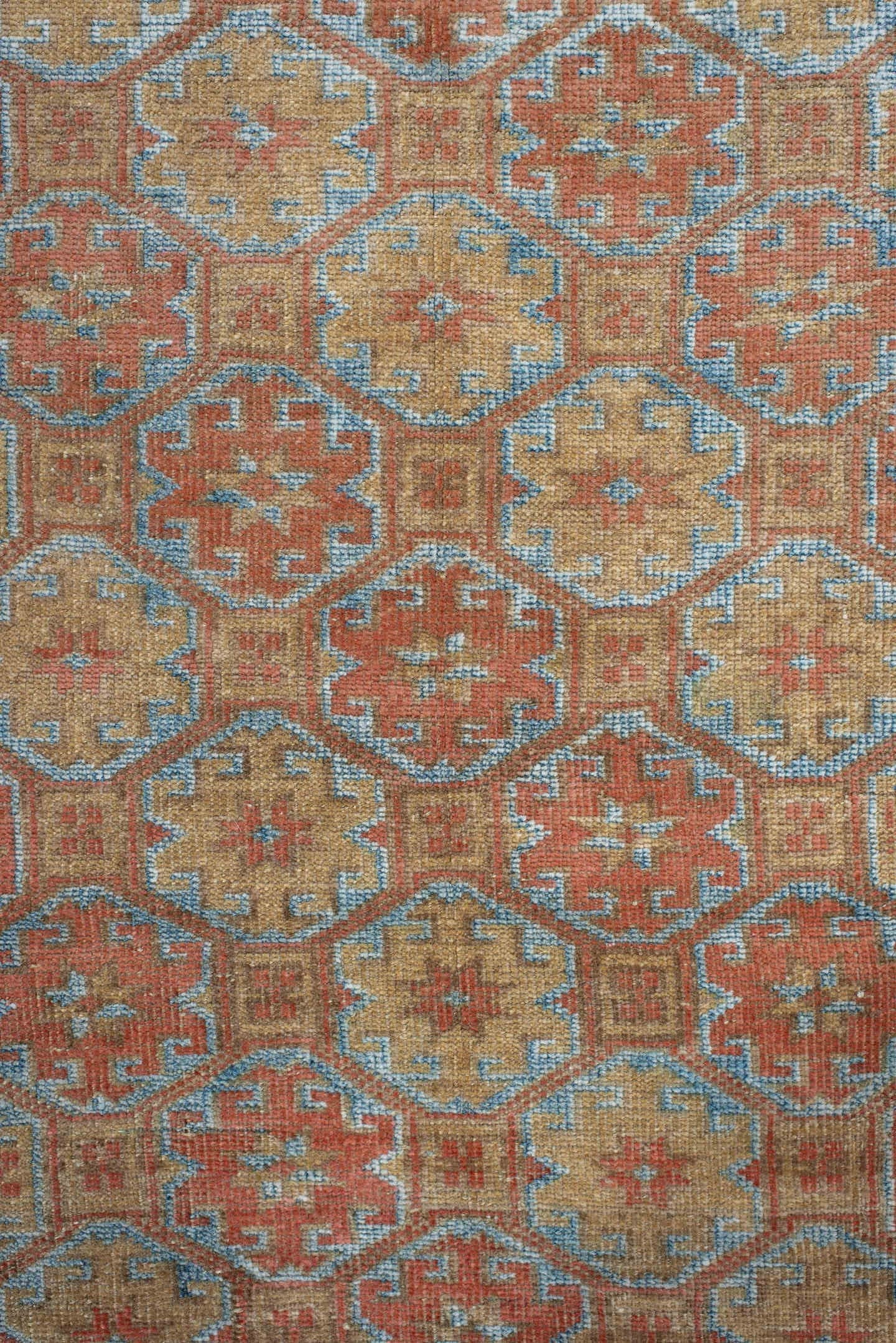 3' x 8' one-of-a-kind handmade antique Belouch runner rug. Color palette: terra cotta, ivory, pale blue, camel, taupe, rust
