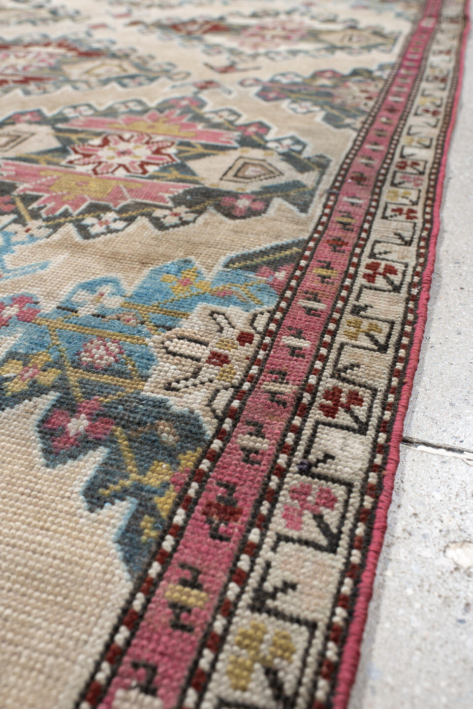 3' x 8' one-of-a-kind handmade vintage Karabagh runner rug. Color palette: ivory, sky blue, rose, charcoal, burgundy, taupe