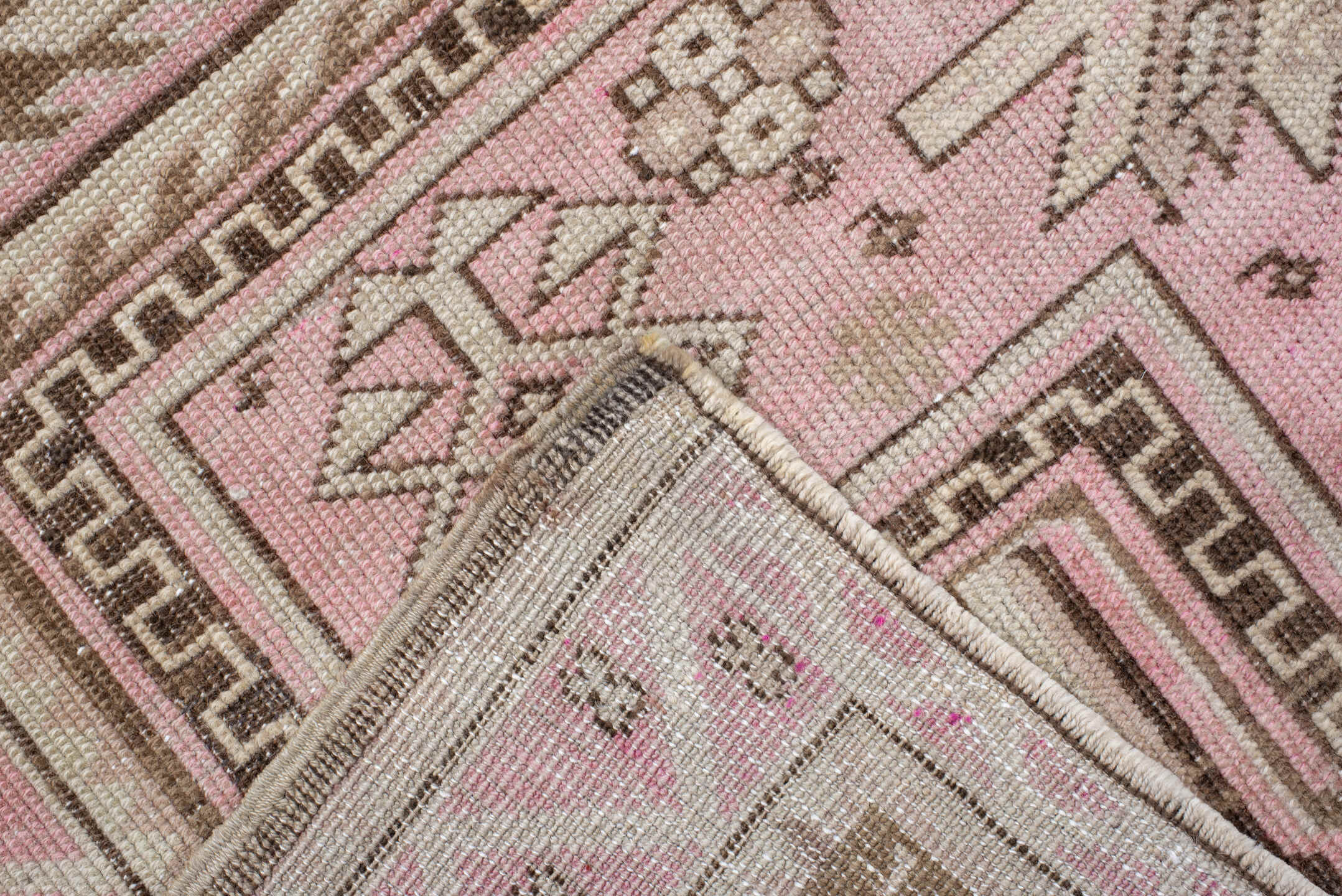 3' x 6' one-of-a-kind handmade vintage Caucasian small size rug. Color palette: pink, ivory, taupe, brown, rose, beige, gray