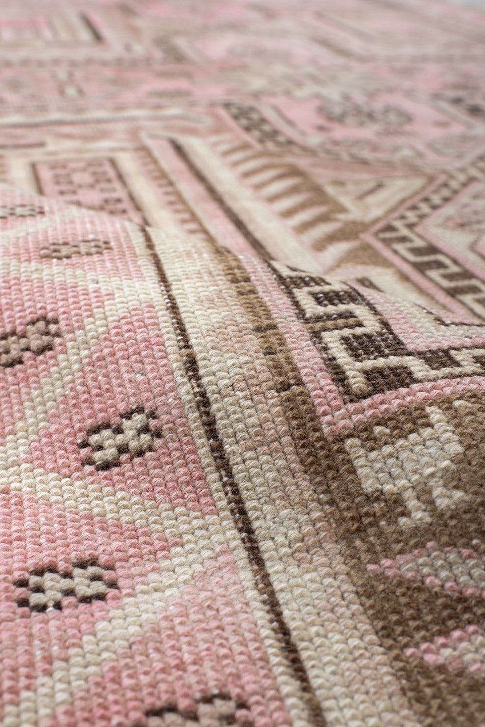 3' x 6' one-of-a-kind handmade vintage Caucasian small size rug. Color palette: pink, ivory, taupe, brown, rose, beige, gray