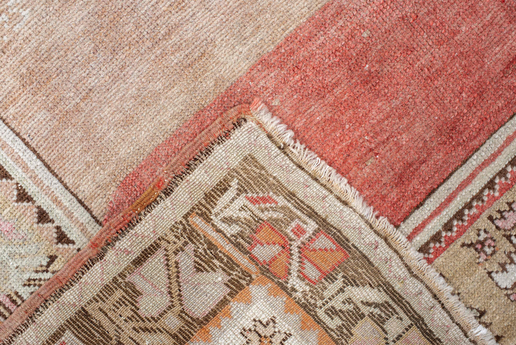 3' x 5' one-of-a-kind handmade vintage Anatol small size rug. Color palette: antiquewhite, brown, gray, light gray, linen