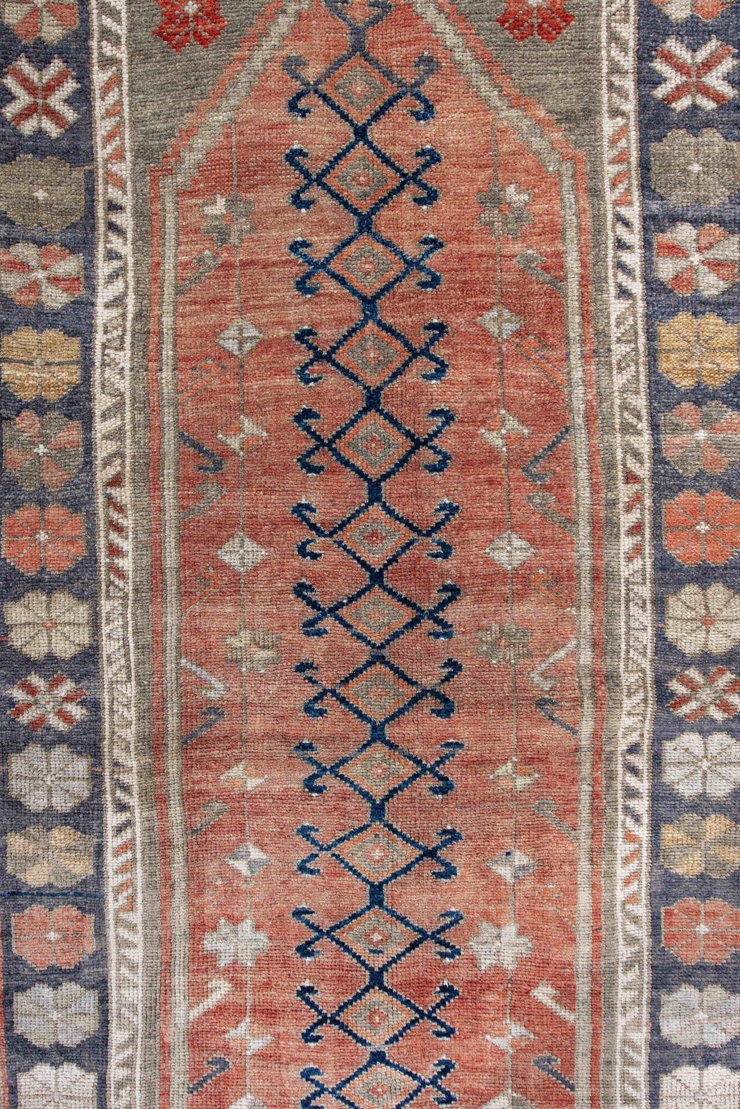 4' x 6' one-of-a-kind handmade antique Anatolian rug. Color palette: coral, gray, navy, ivory, rust, taupe, terracotta, blue