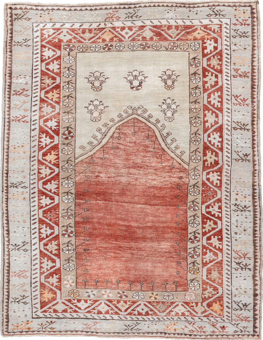4' x 5' one-of-a-kind handmade vintage Anatolian small size rug. Color palette: antiquewhite, brown, gray, light gray, linen