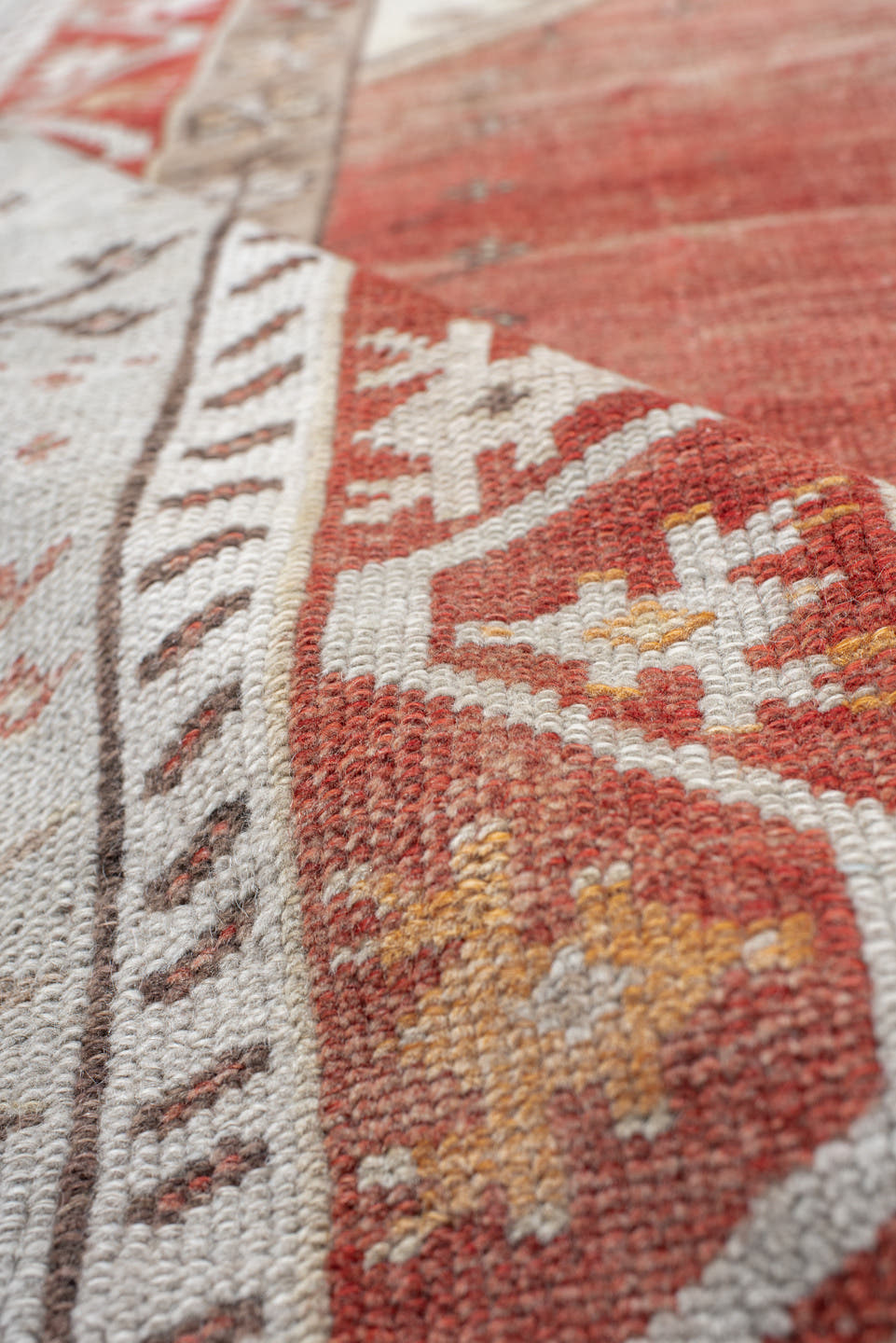 4' x 5' one-of-a-kind handmade antique Anatolian small size rug. Color palette: ivory, terra cotta, rust, taupe, brown