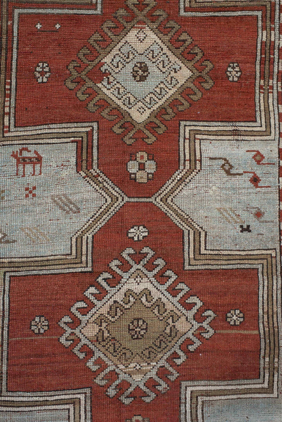 3' x 8' one-of-a-kind handmade vintage Caucasian runner rug. Color palette: ivory, rust, taupe, brown, crimson, charcoal