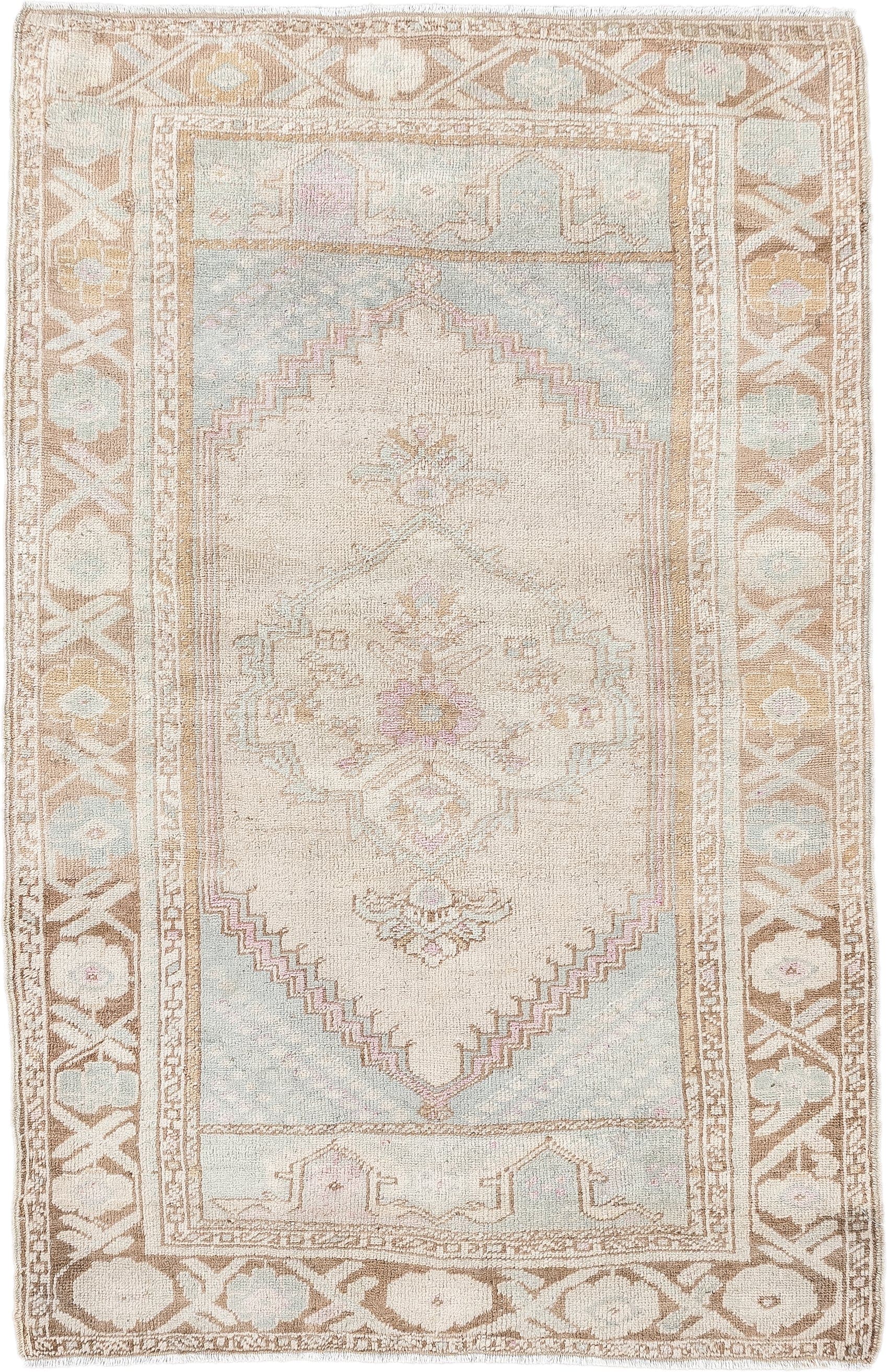 2' x 4' one-of-a-kind handmade antique Anatolian small size rug. Color palette: ivory, camel, pale blue, blush, taupe, beige
