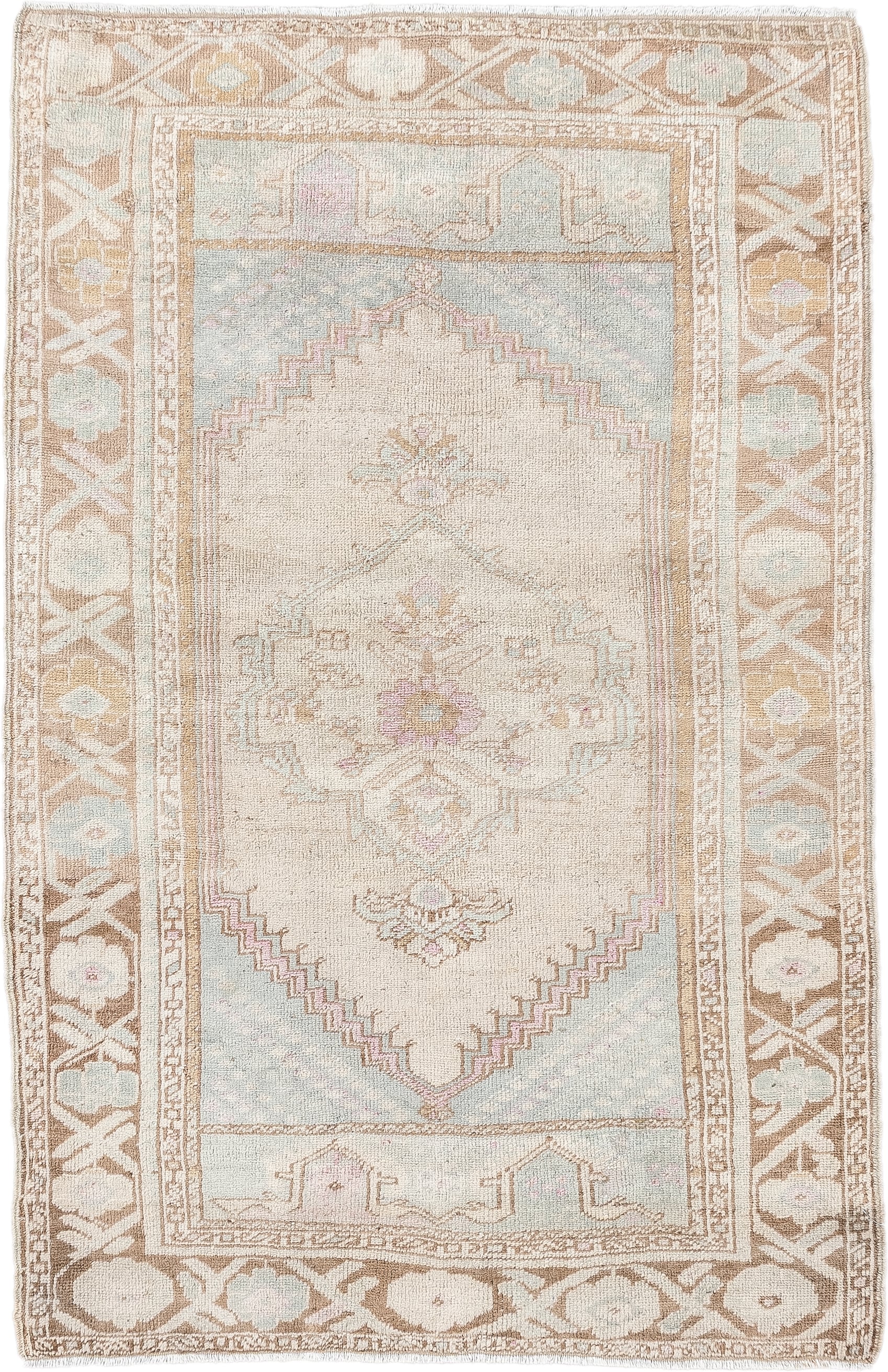 2' x 4' one-of-a-kind handmade antique Anatolian small size rug. Color palette: ivory, camel, pale blue, blush, taupe, beige