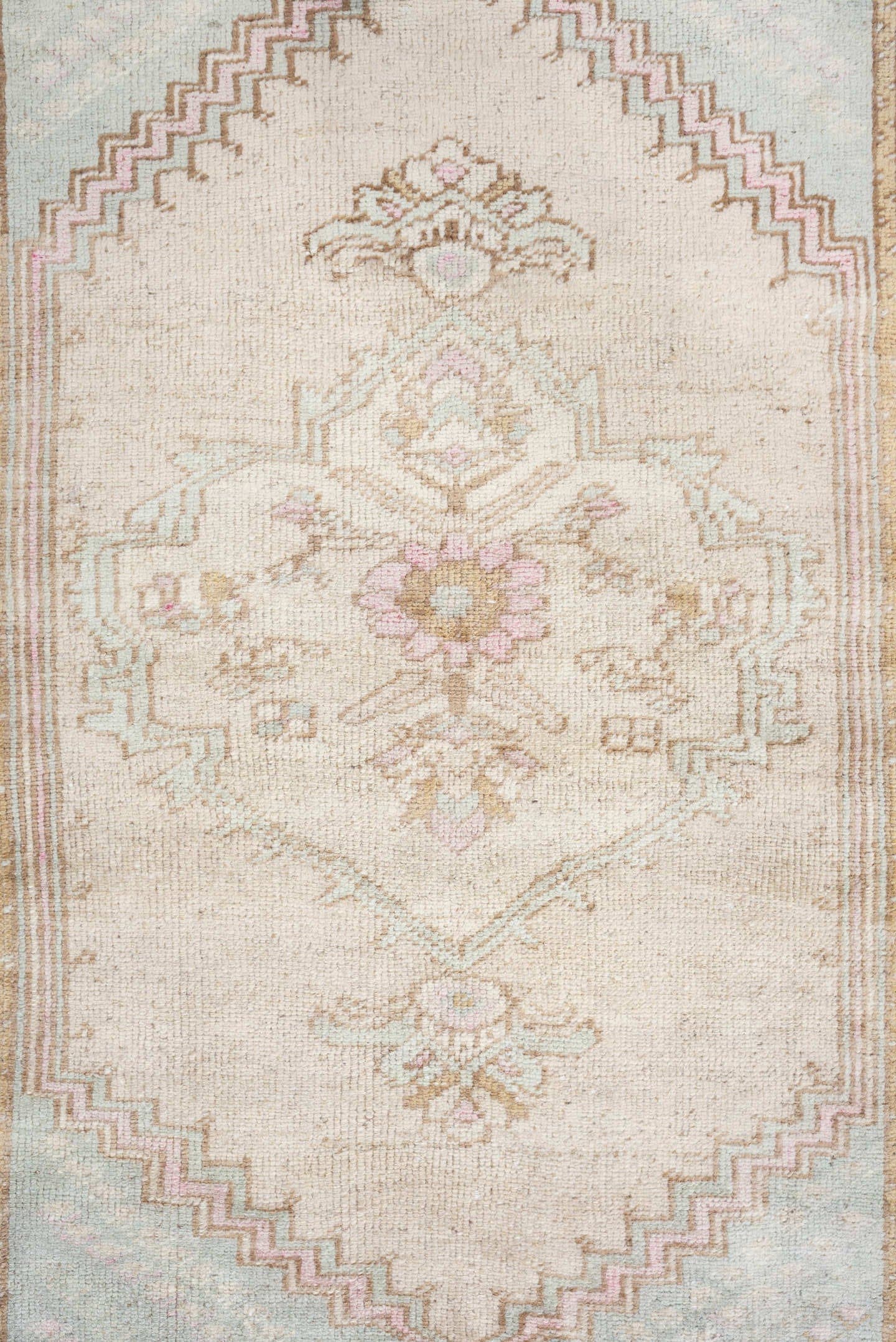 2' x 4' one-of-a-kind handmade antique Anatolian small size rug. Color palette: ivory, camel, pale blue, blush, taupe, beige